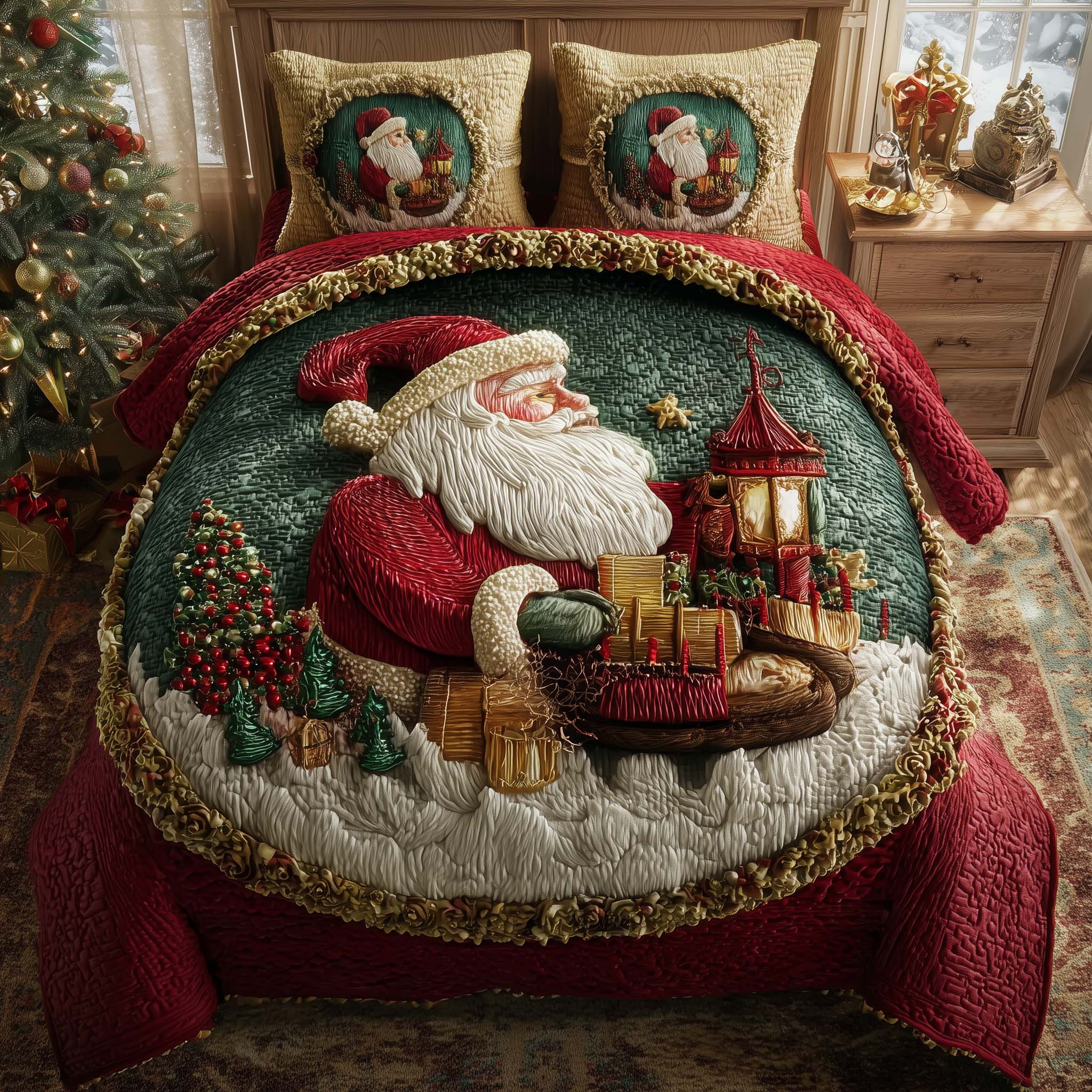 Holiday Santa Delight Quilted Bedding Set Bohemian Bedroom Furniture Santa Claus Christmas Gift - Tradiviet