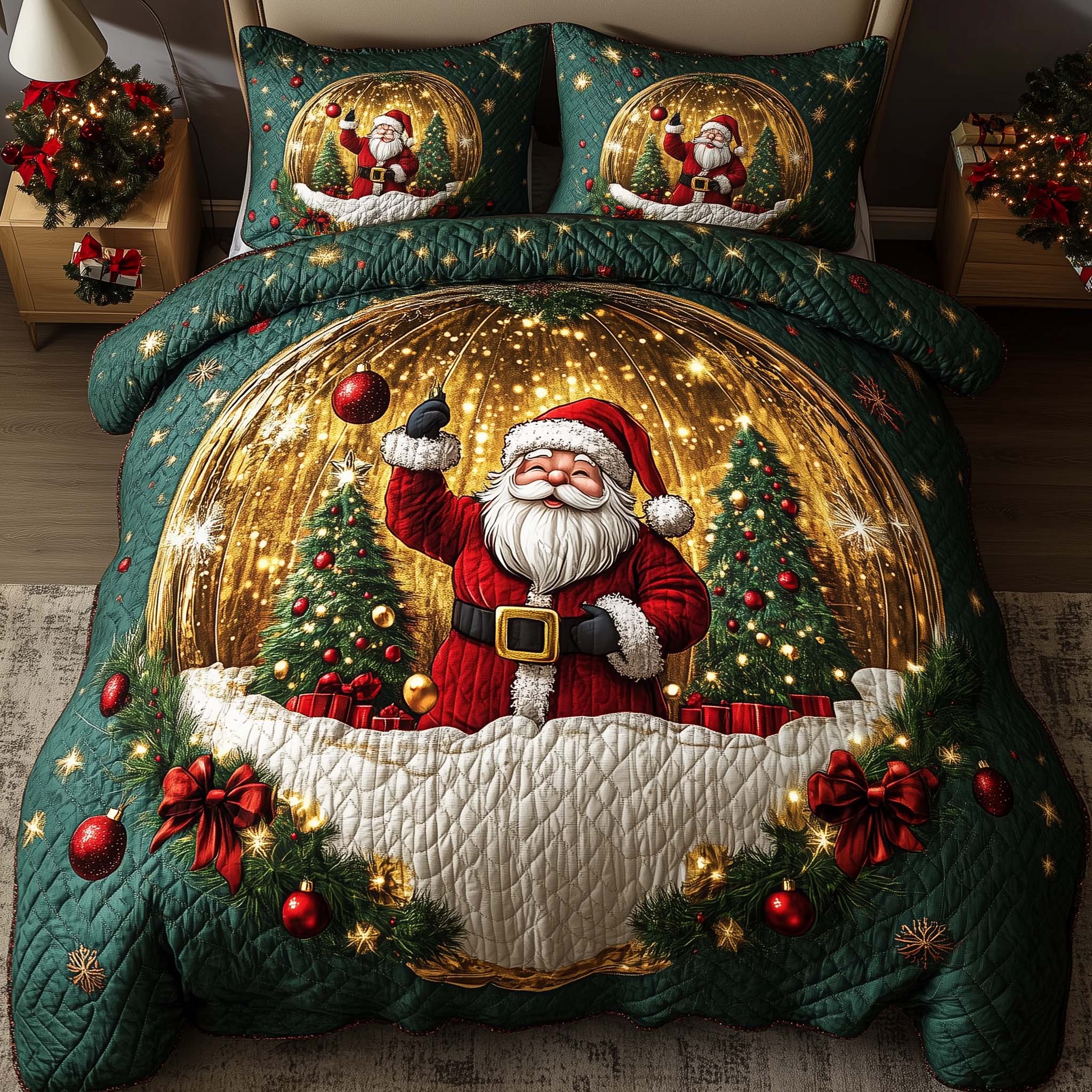Holiday Santa Delight Quilted Bedding Set Holiday Bedroom Decor Gift For Her From Santa - Tradiviet