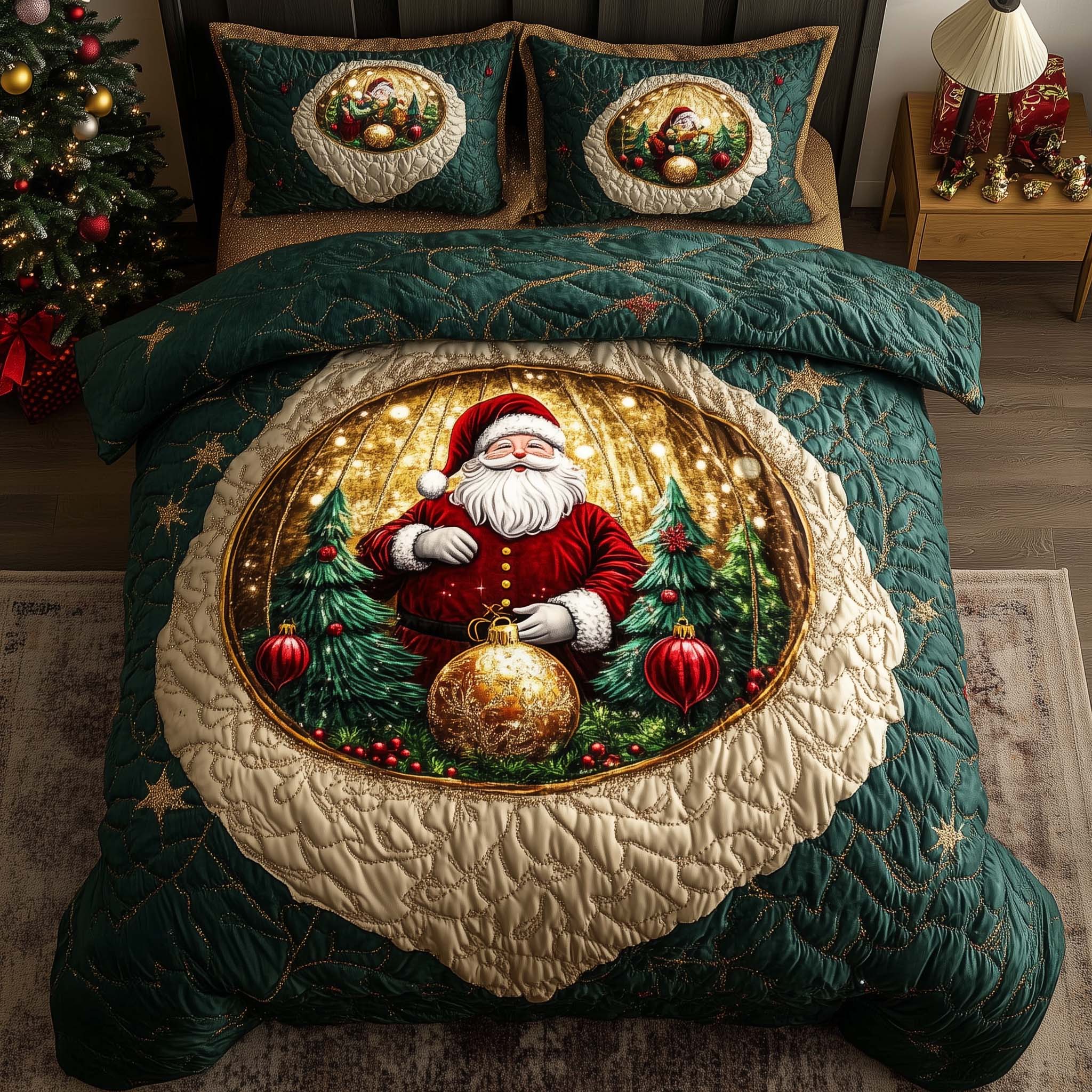 Holiday Santa Delight Quilted Bedding Set Holiday Bedroom Decor Santa Claus Christmas Gift For Children - Tradiviet