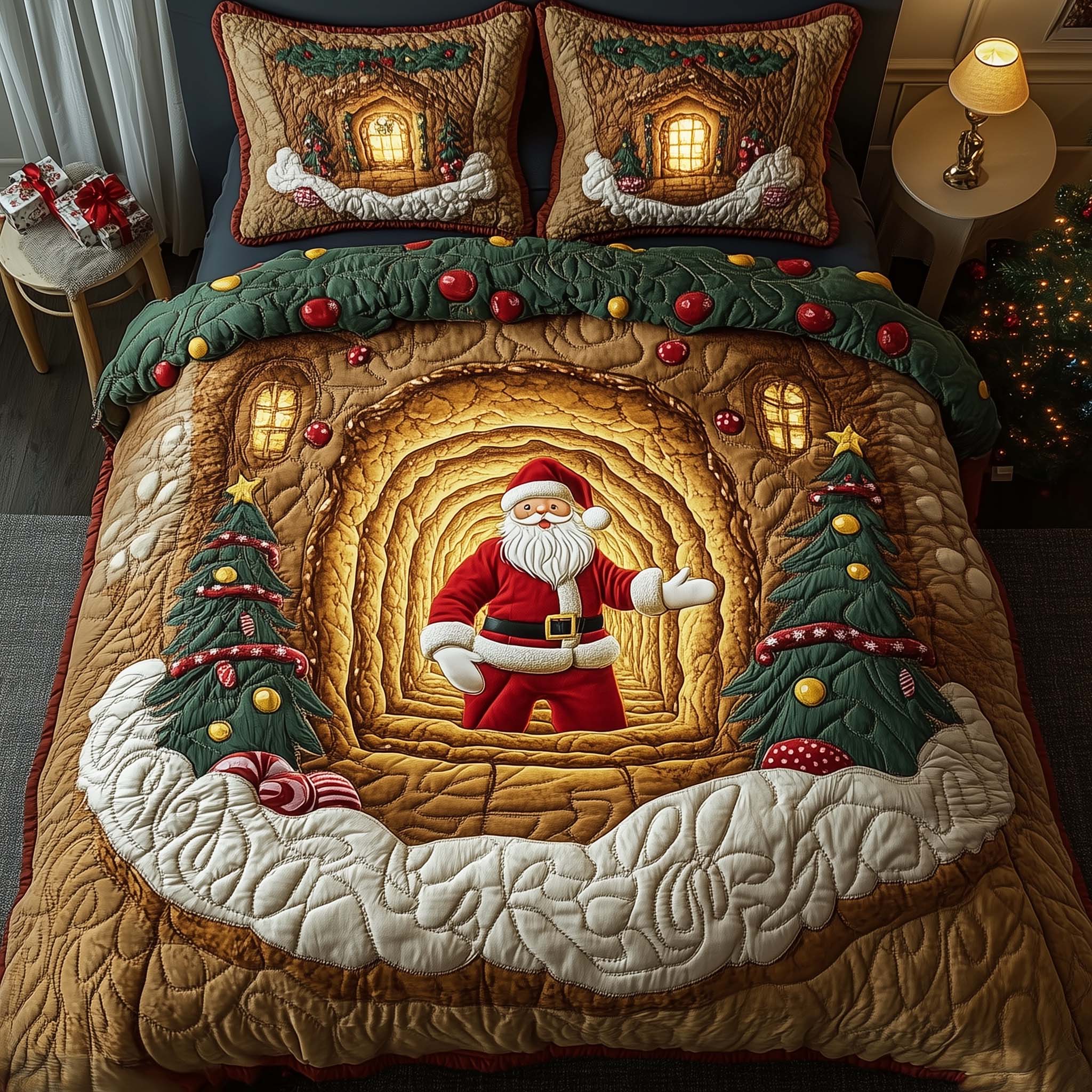Holiday Santa Delight Quilted Bedding Set Holiday Decorations Santa Themed Gift For Home Decor - Tradiviet