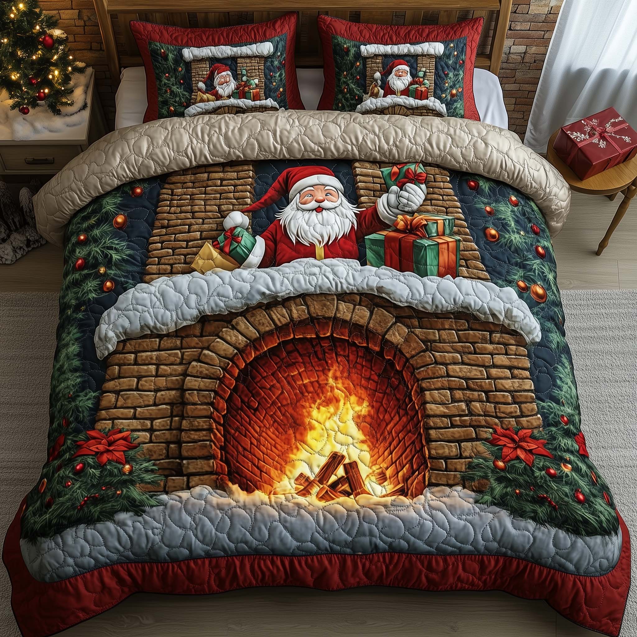 Holiday Santa Delight Quilted Bedding Set Holiday Home Decor Santa Claus Holiday Gift - Tradiviet