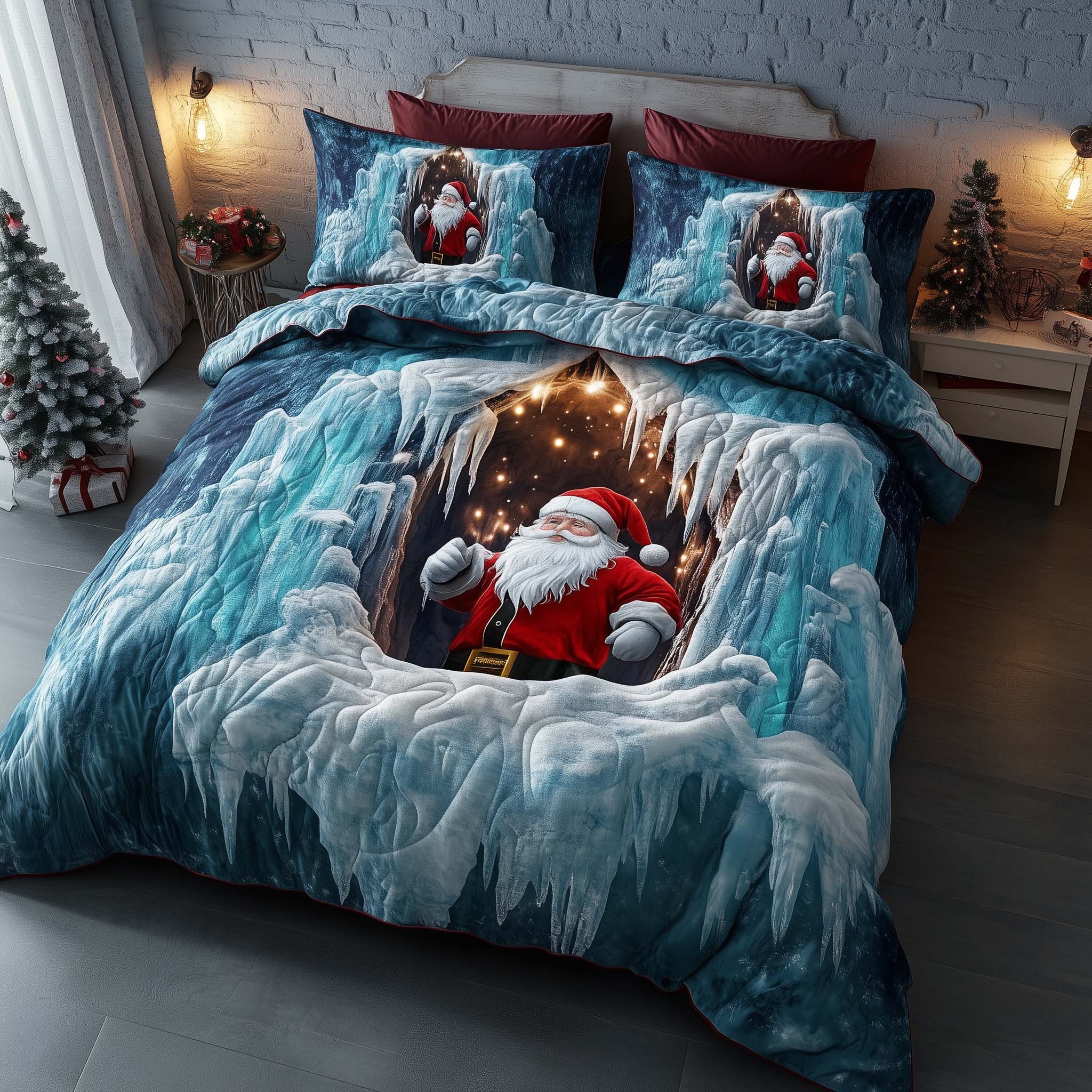 Holiday Santa Delight Quilted Bedding Set Holiday House Decorations Christmas Santa Gift For Bedroom - Tradiviet
