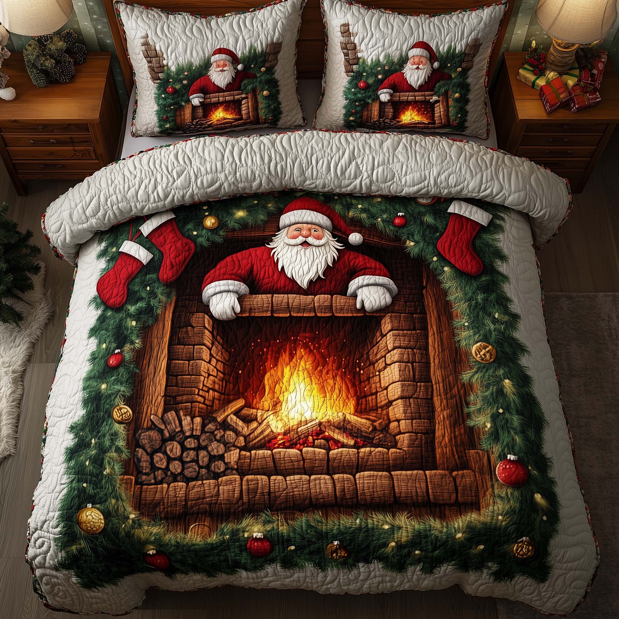 Holiday Santa Delight Quilted Bedding Set Room Decoration Items Cozy Santa Claus Gift For Her - Tradiviet