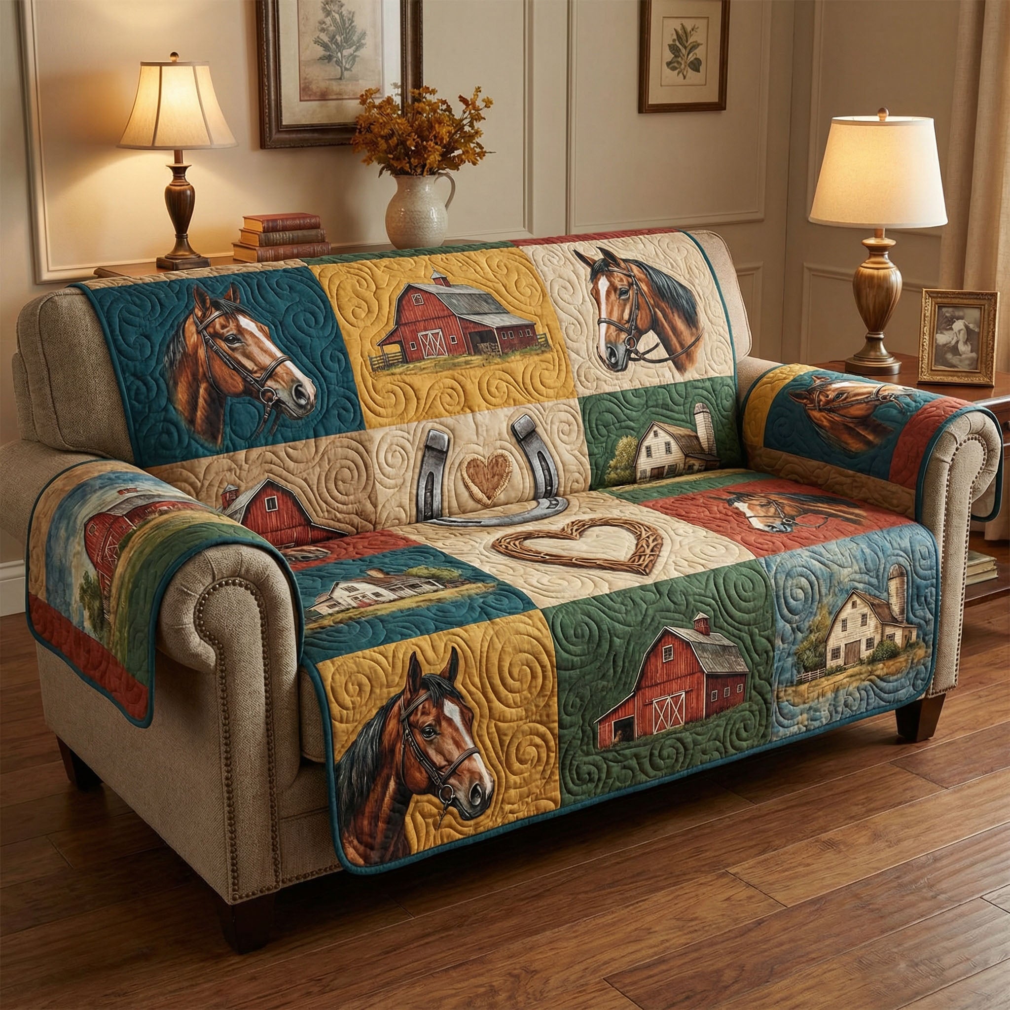 Homestead Horses Quilted Sofa Cover Farm Horse Family Design Home Decor