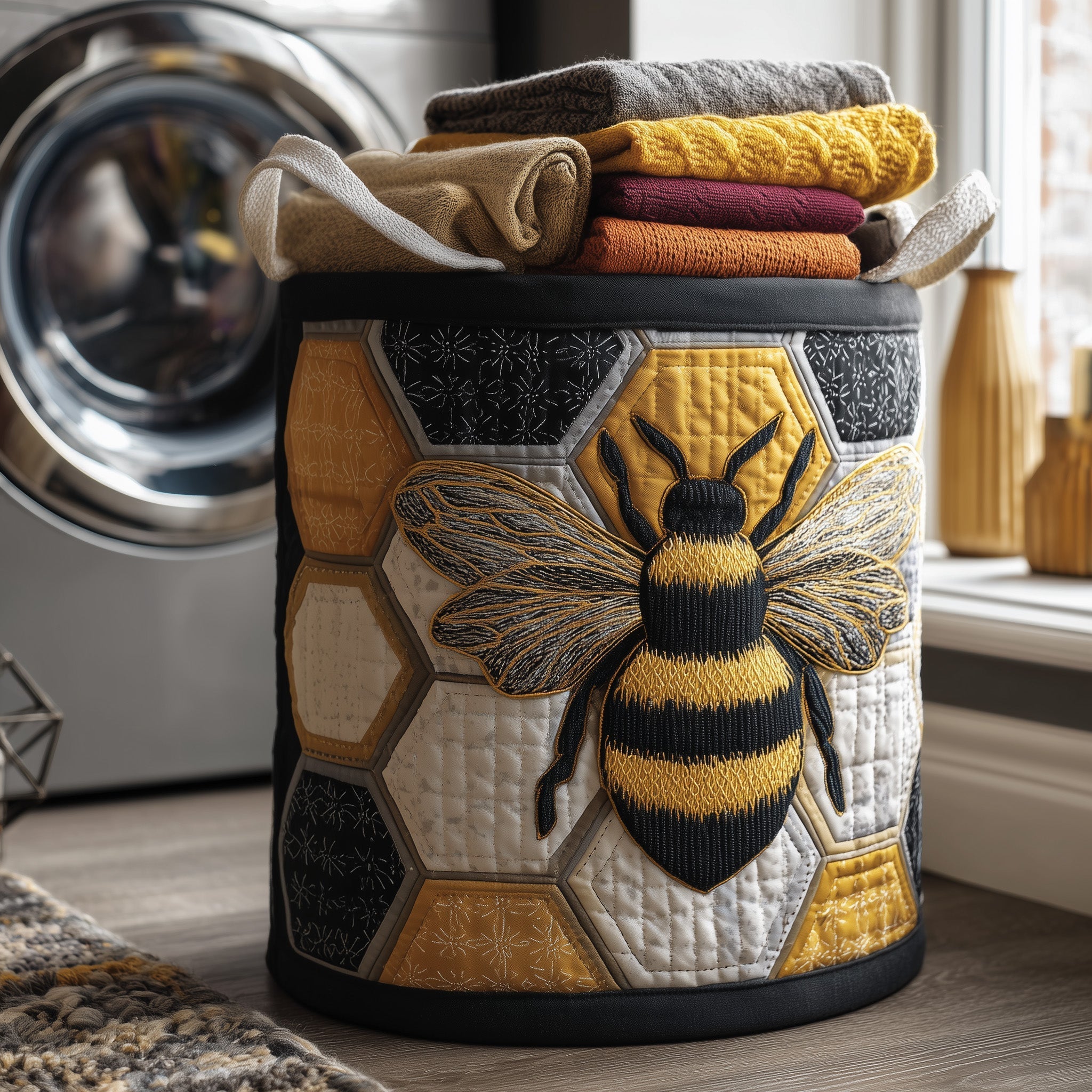 Honey Bee Quilted Laundry Basket Washroom Decor Baskets Moms Day Gifts - Tradiviet