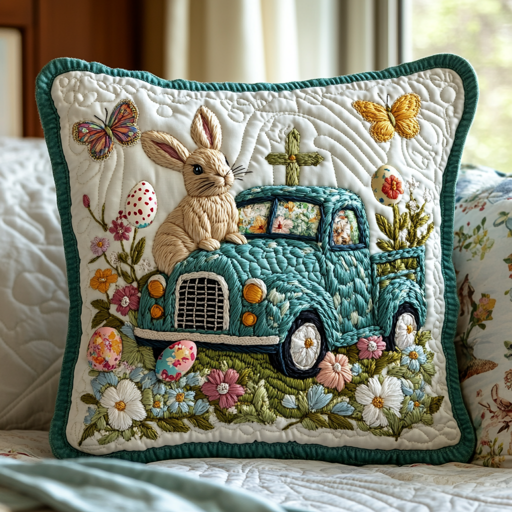 Hoppy Joy Quilted Pillow Case Easter Resurrection Cross Bedroom Decor Gift For Him - Tradiviet