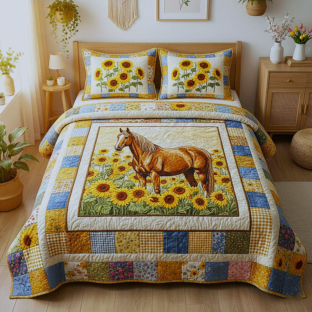 Horse And Sunflower Quilted Bedding Set Holiday Room Decorations Gift Ideas - Tradiviet