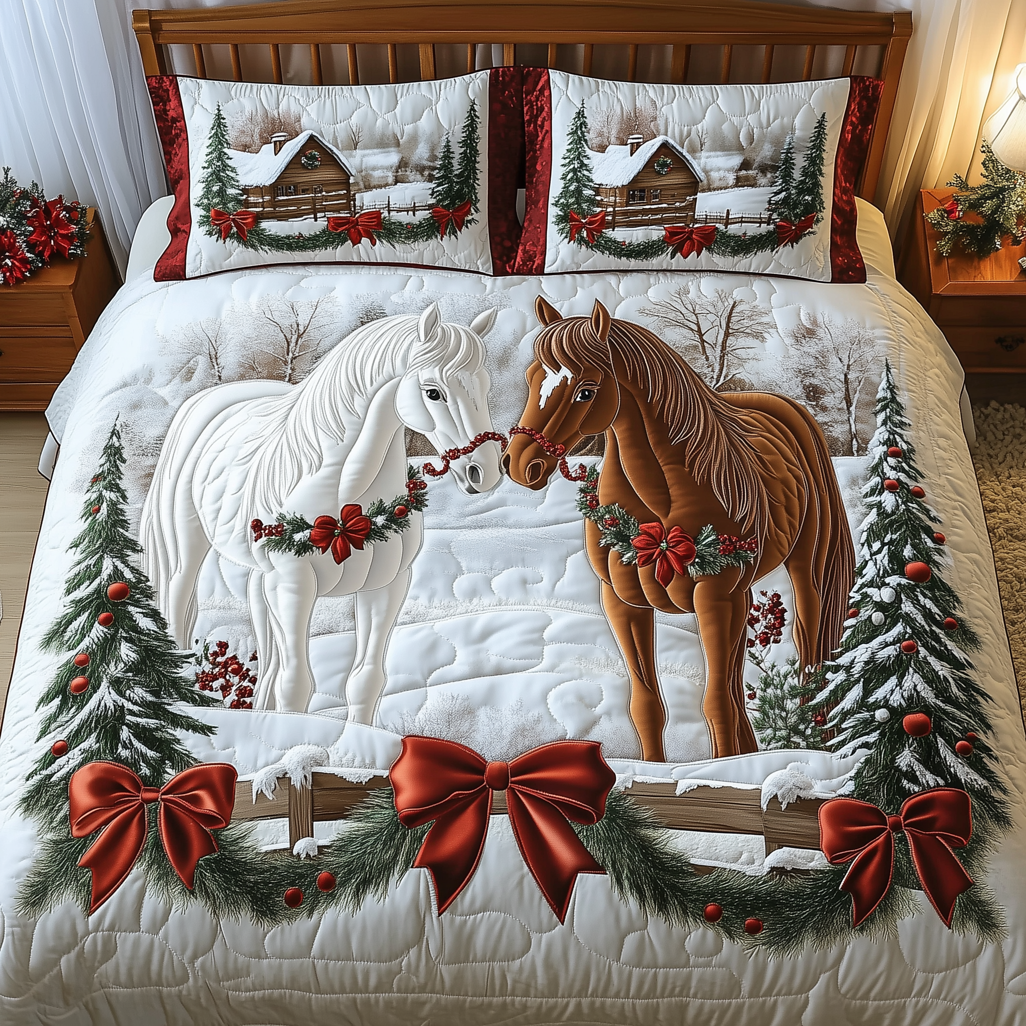 Horse Couple Winter Quilted Bedding Set Bedroom Decorations Gifts To Get Horse Lovers - Tradiviet