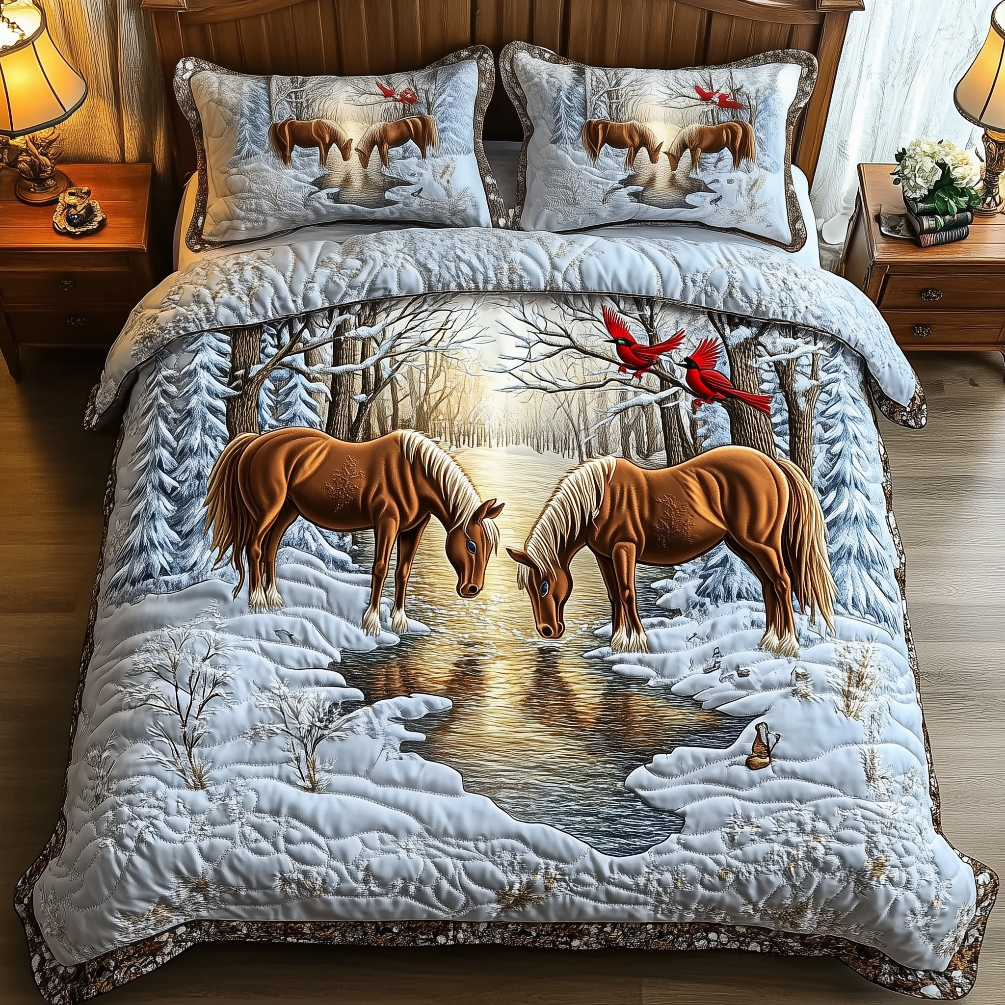 Horse Couple Winter Quilted Bedding Set Holiday Home Decor Birthday Gift Ideas For Horse Owners - Tradiviet