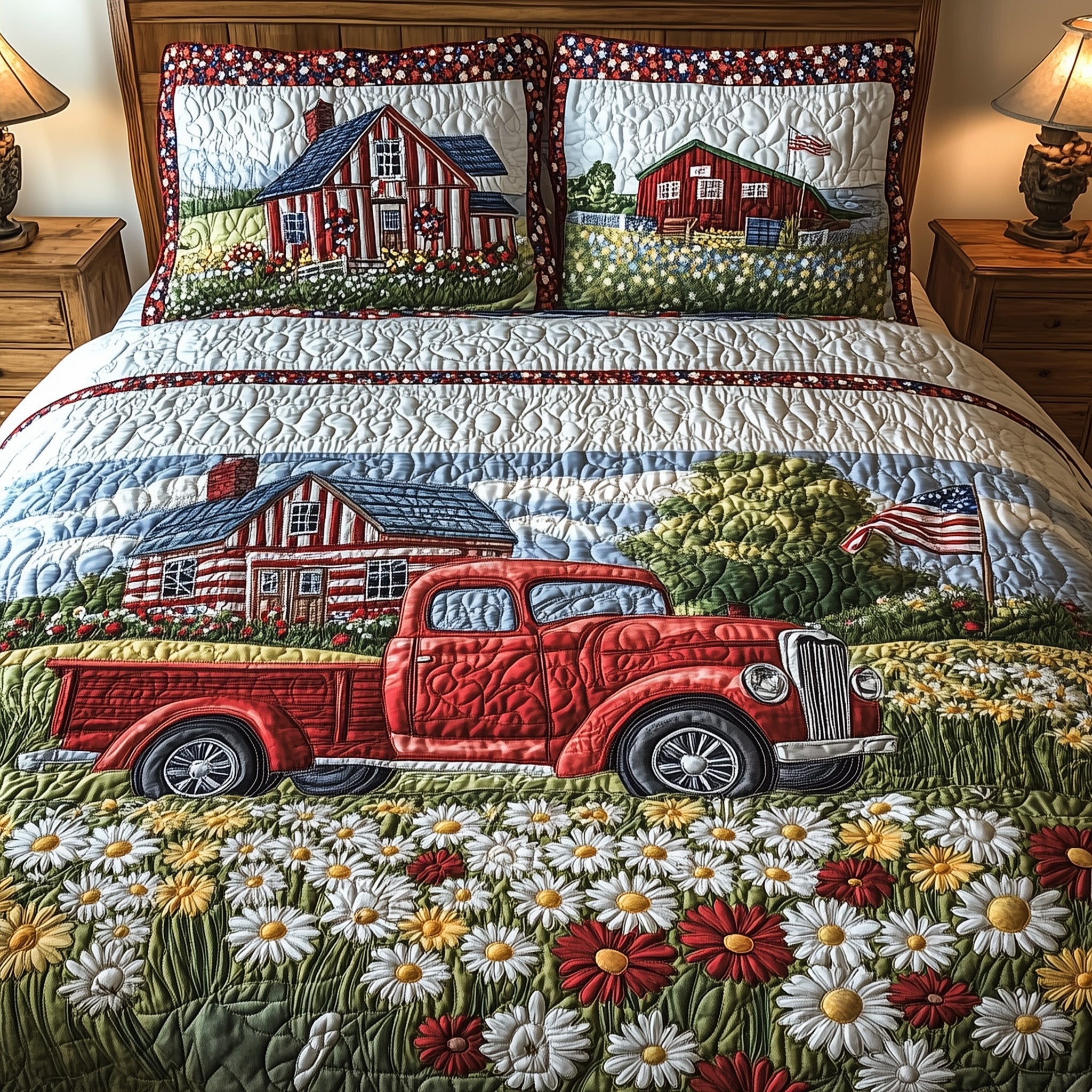 House Red Truck Flowers US Flag Quilted Bedding Set 1776-2026 Patriotic Bedding Gift For Students - Tradiviet