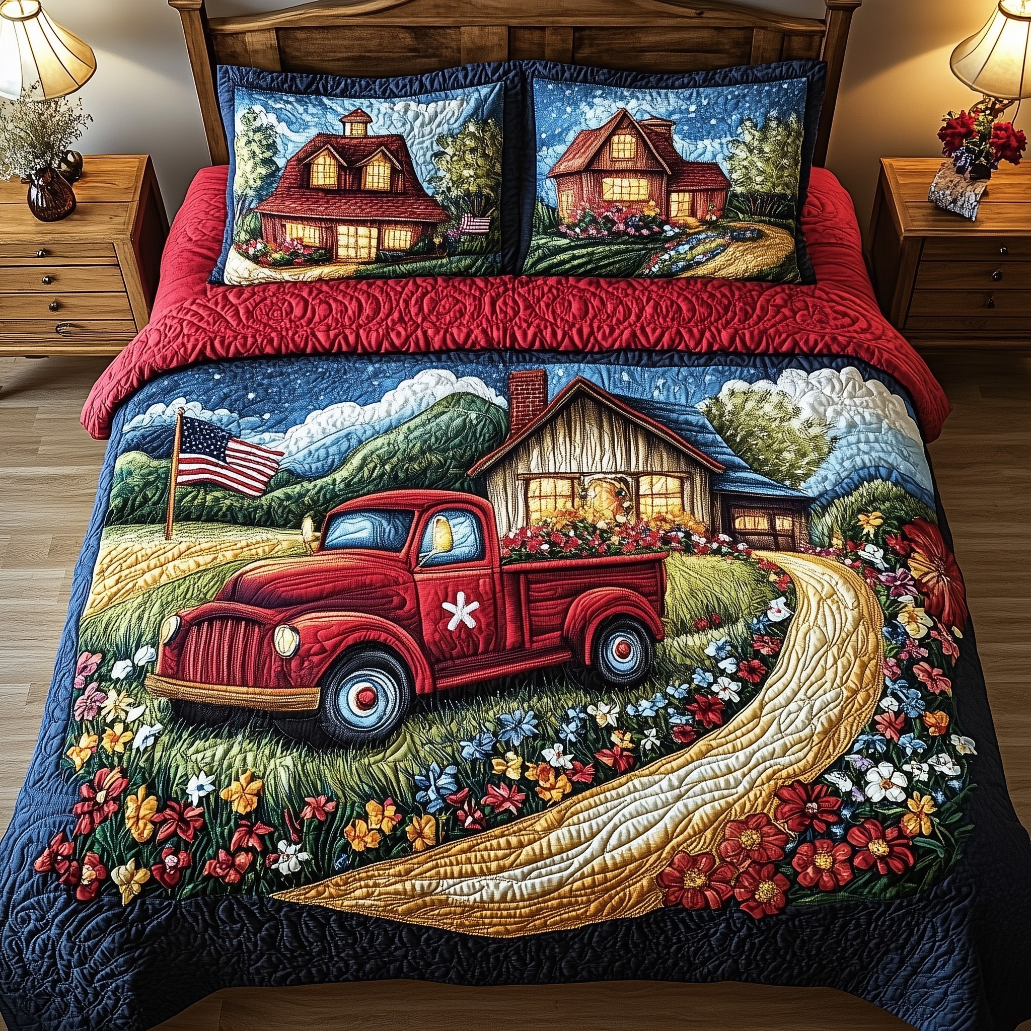 House Truck American Flag Quilted Bedding Set Retro Patriotic Bedding Gift For Nurses - Tradiviet