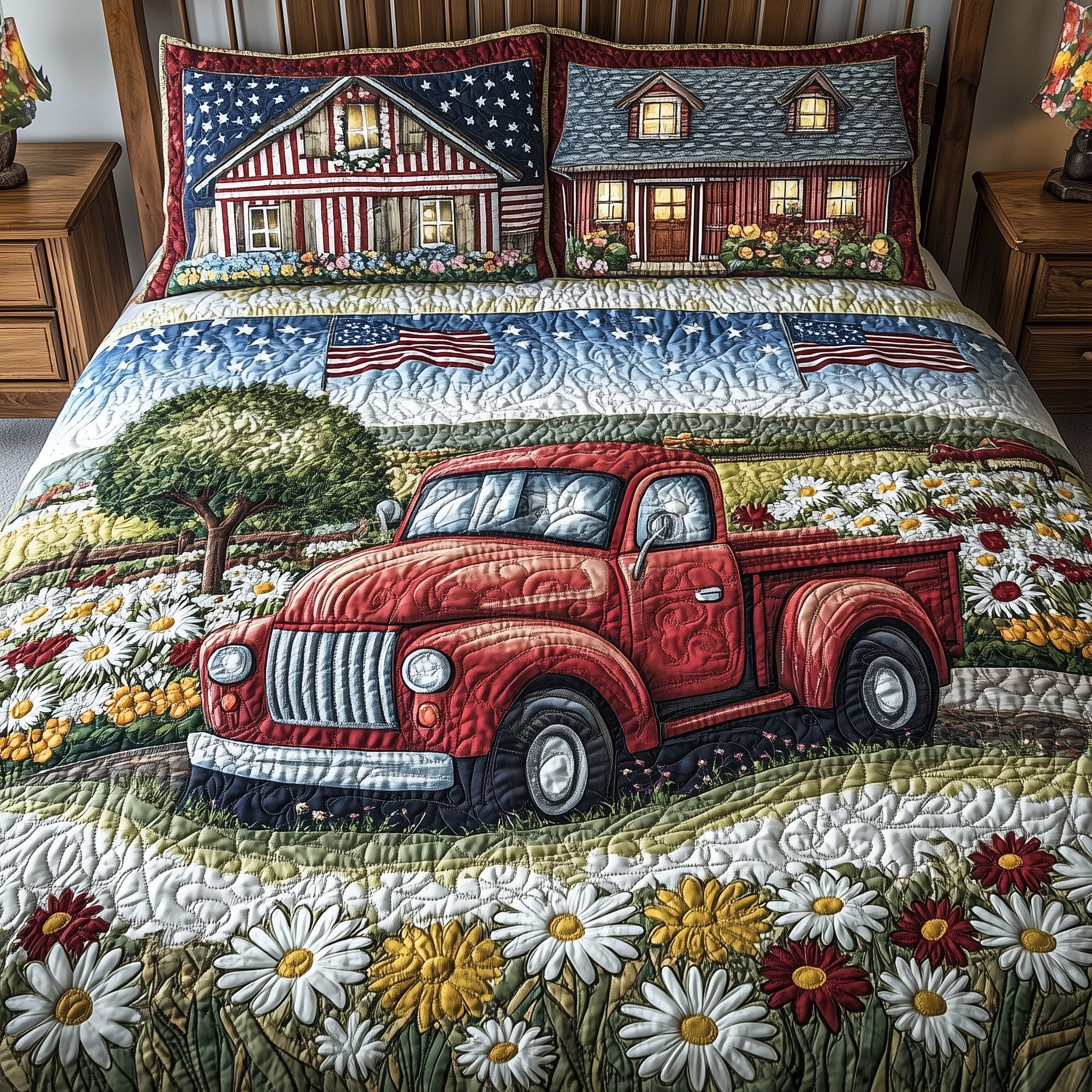House Truck Daisy USA Flag Quilted Bedding Set Flower Lover Bedding Gift For Sweet Daughter - Tradiviet