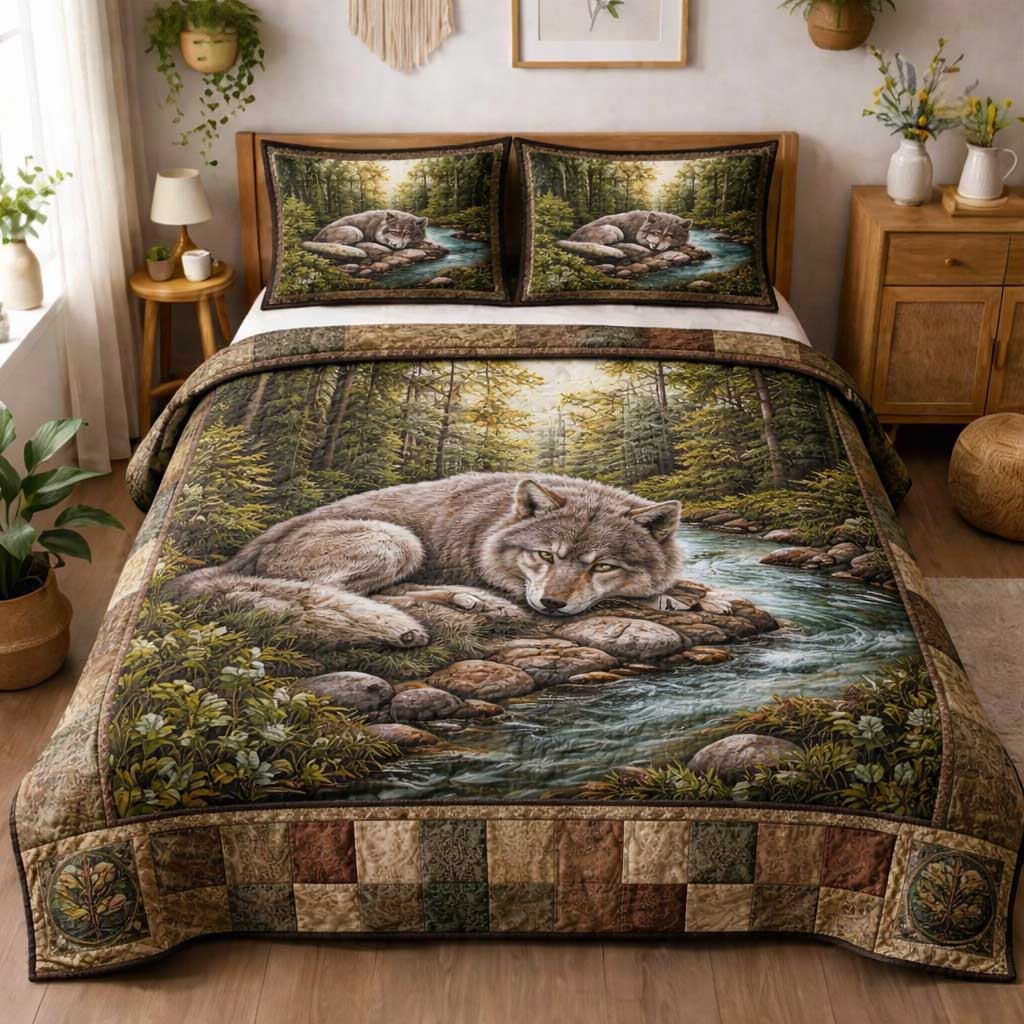 Howling Wolf Quilted Bedding Set Holiday Bedroom Decor Gifts With Wolves On Them - Tradiviet