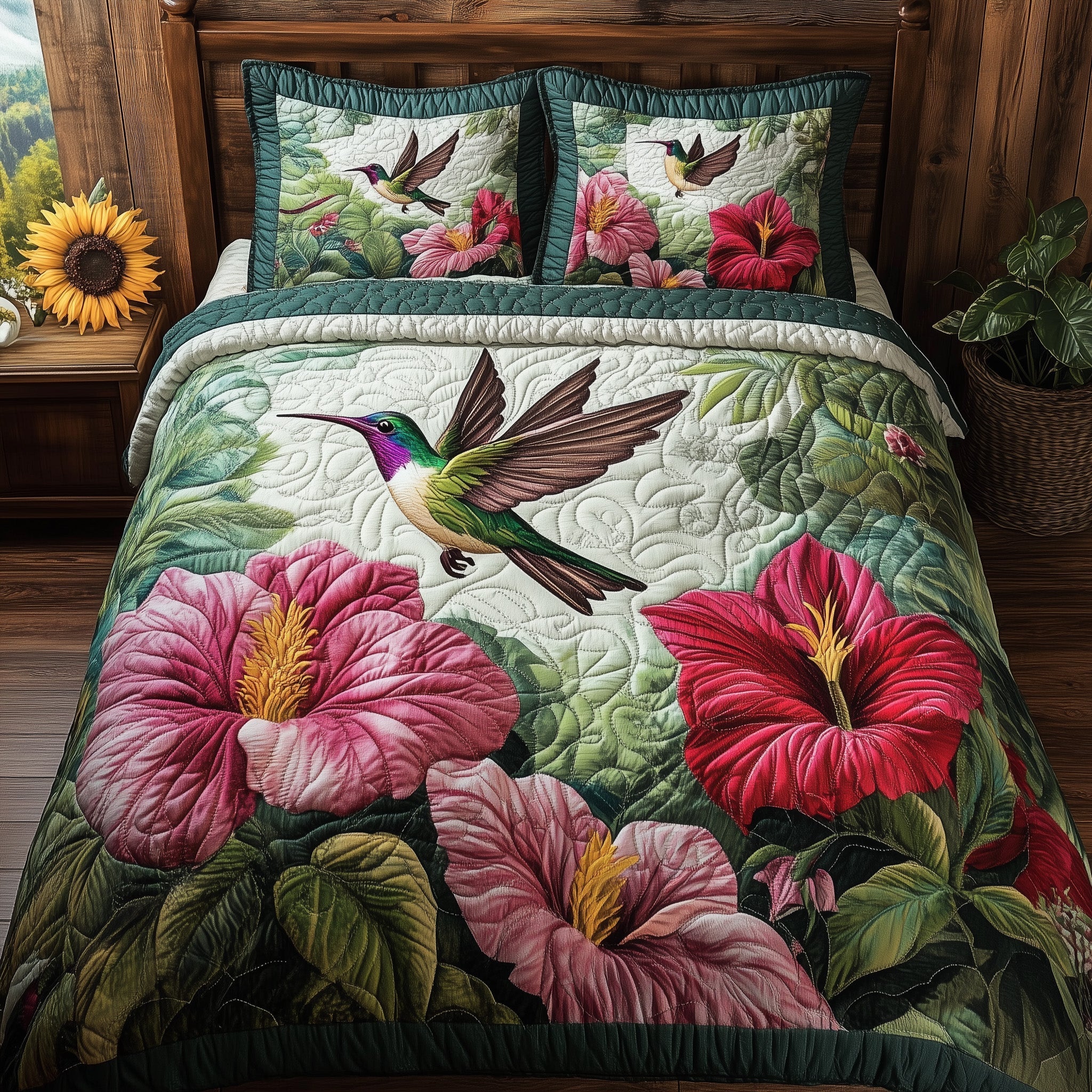 Hummingbird Blossom Realm Quilted Bedding Set Mens Bedroom Decor Gifts For Hummingbird Lovers - Tradiviet