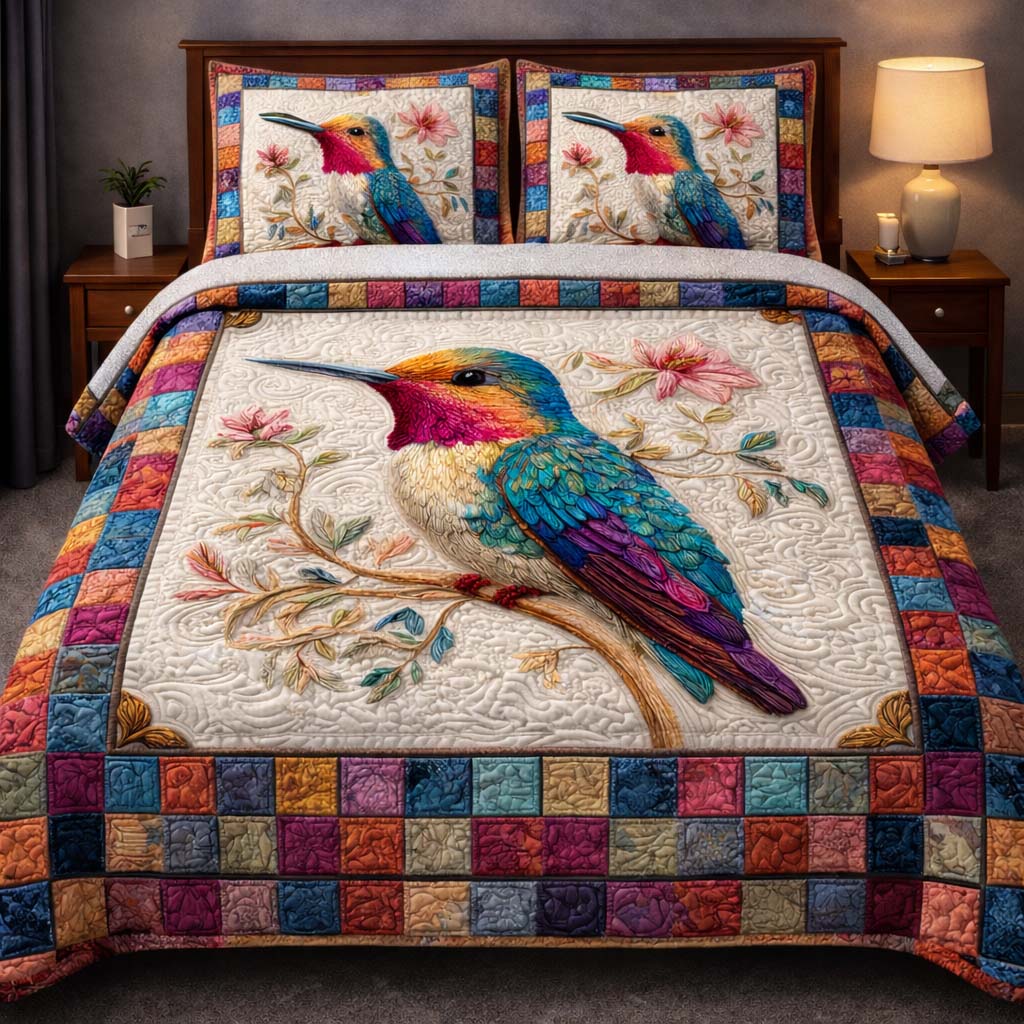 Hummingbird Heaven Quilted Bedding Set Bohemian Bedroom Furniture Gifts For Hummingbird Lovers - Tradiviet