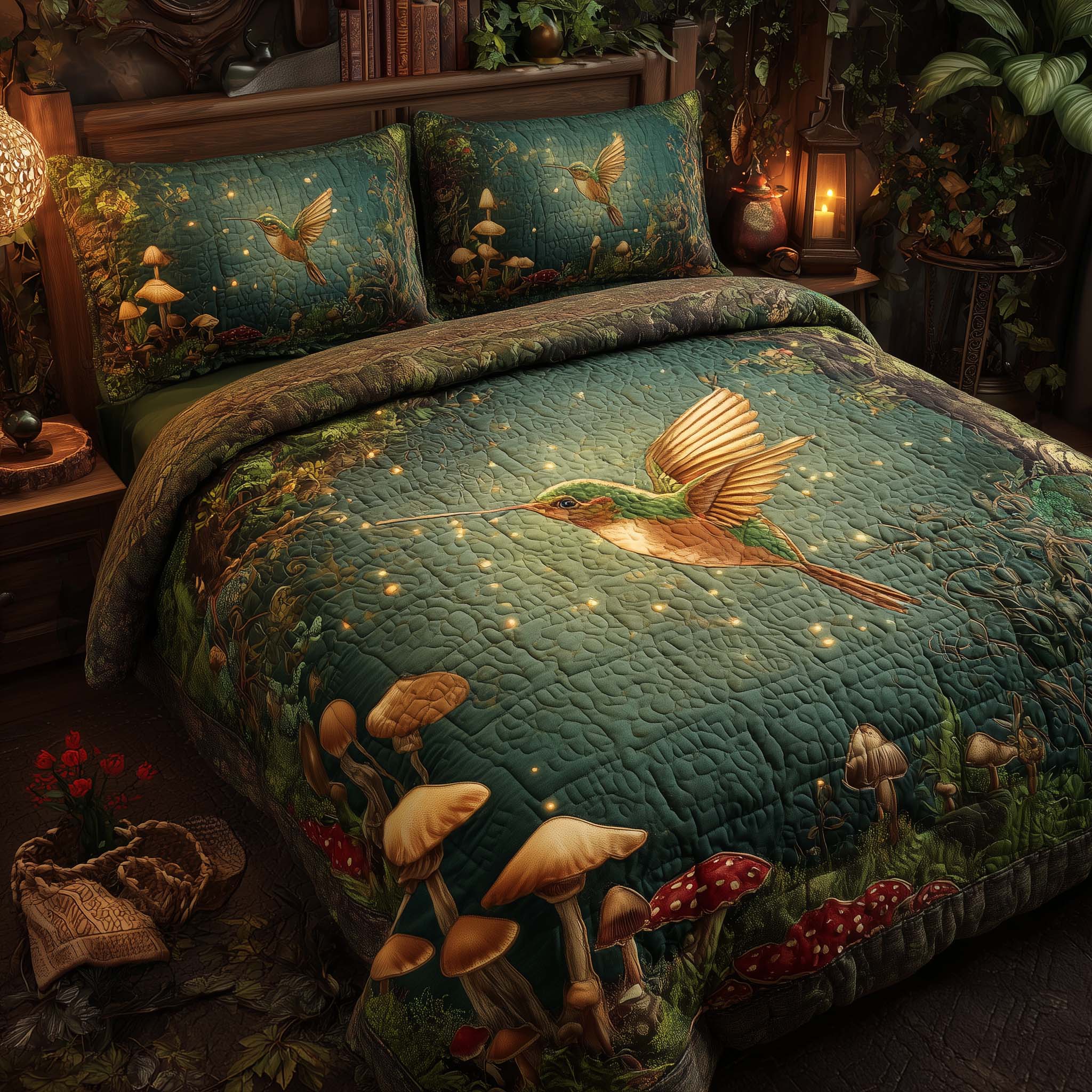 Hummingbird Heaven Quilted Bedding Set Holiday Bedroom Decor Hummingbird Feeder Gift - Tradiviet