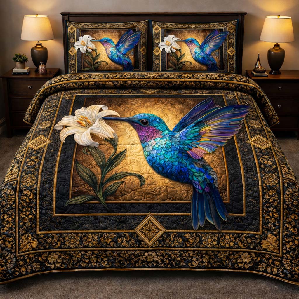 Hummingbird Heaven Quilted Bedding Set Holiday Bedroom Decor Hummingbird Gifts For Her - Tradiviet
