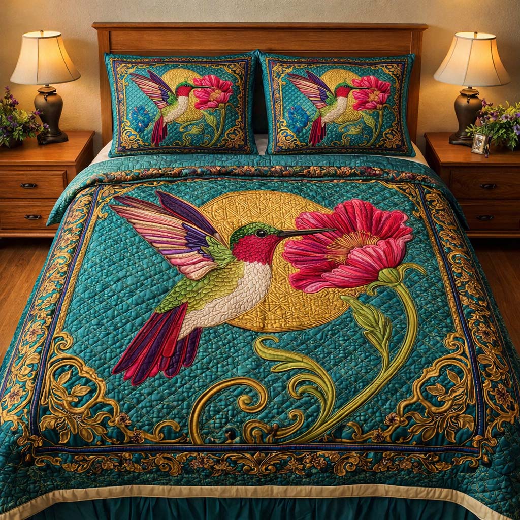 Hummingbird Heaven Quilted Bedding Set Holiday Bedroom Decor Unique Hummingbird Gifts - Tradiviet