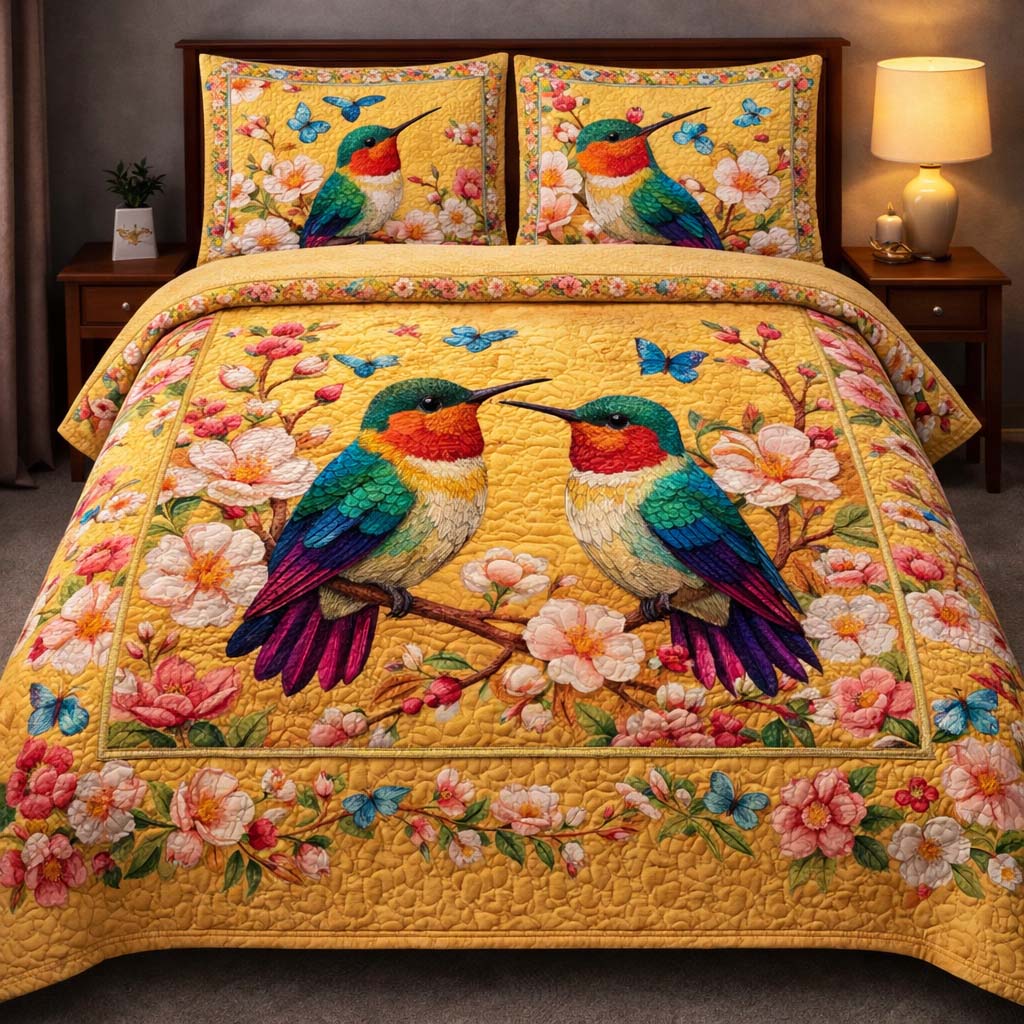 Hummingbird Heaven Quilted Bedding Set Mens Bedroom Decor Hummingbird Gifts For Dad - Tradiviet