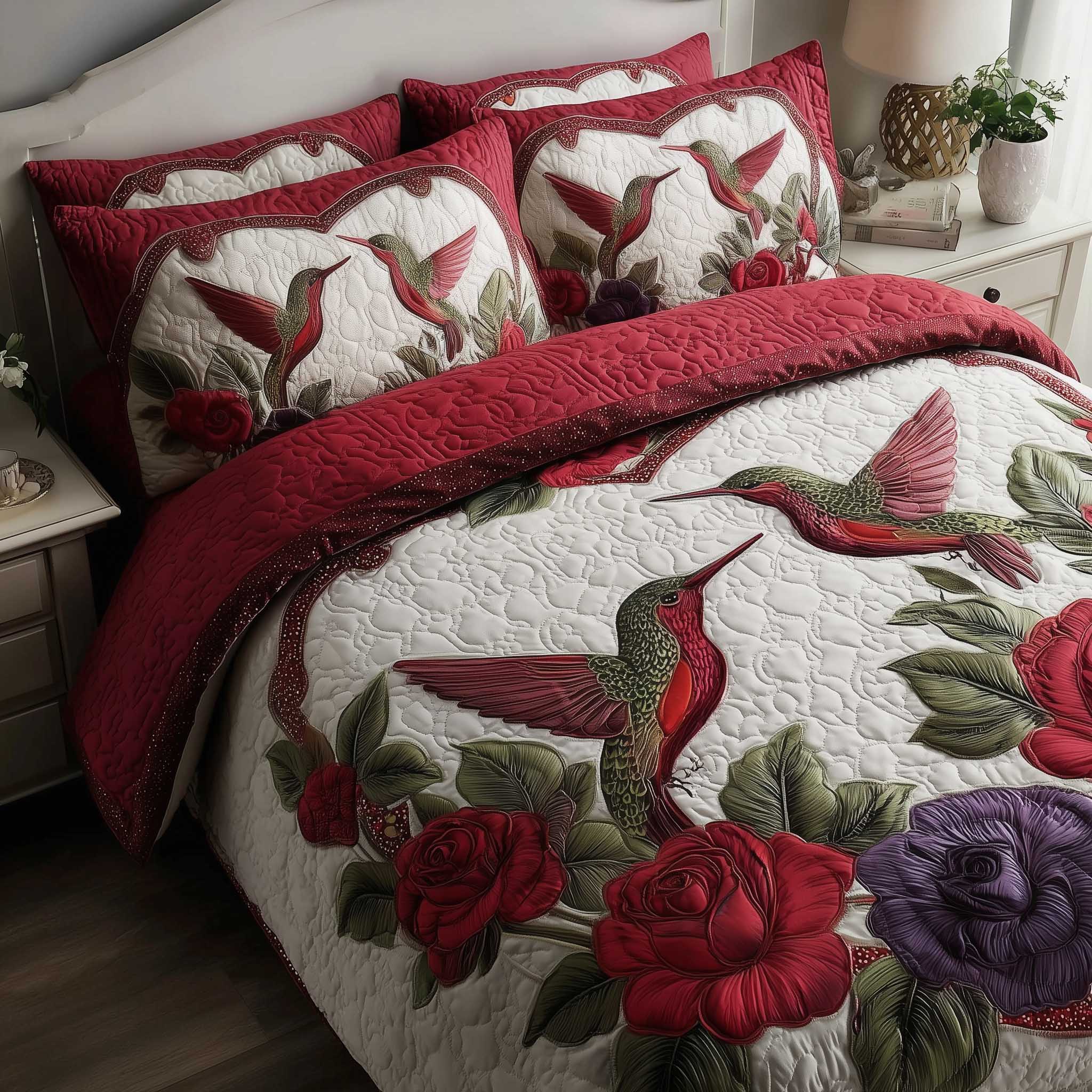 Hummingbird Love Quilted Bedding Set Holiday Bedroom Decor Hummingbird Themed Gifts - Tradiviet