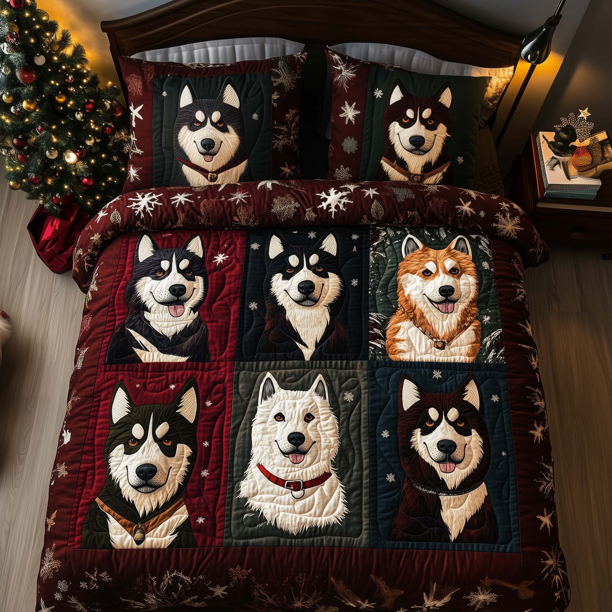 Husky Patchwork Quilted Bedding Set Autumn Inspired Bedroom Husky Themed Gifts - Tradiviet