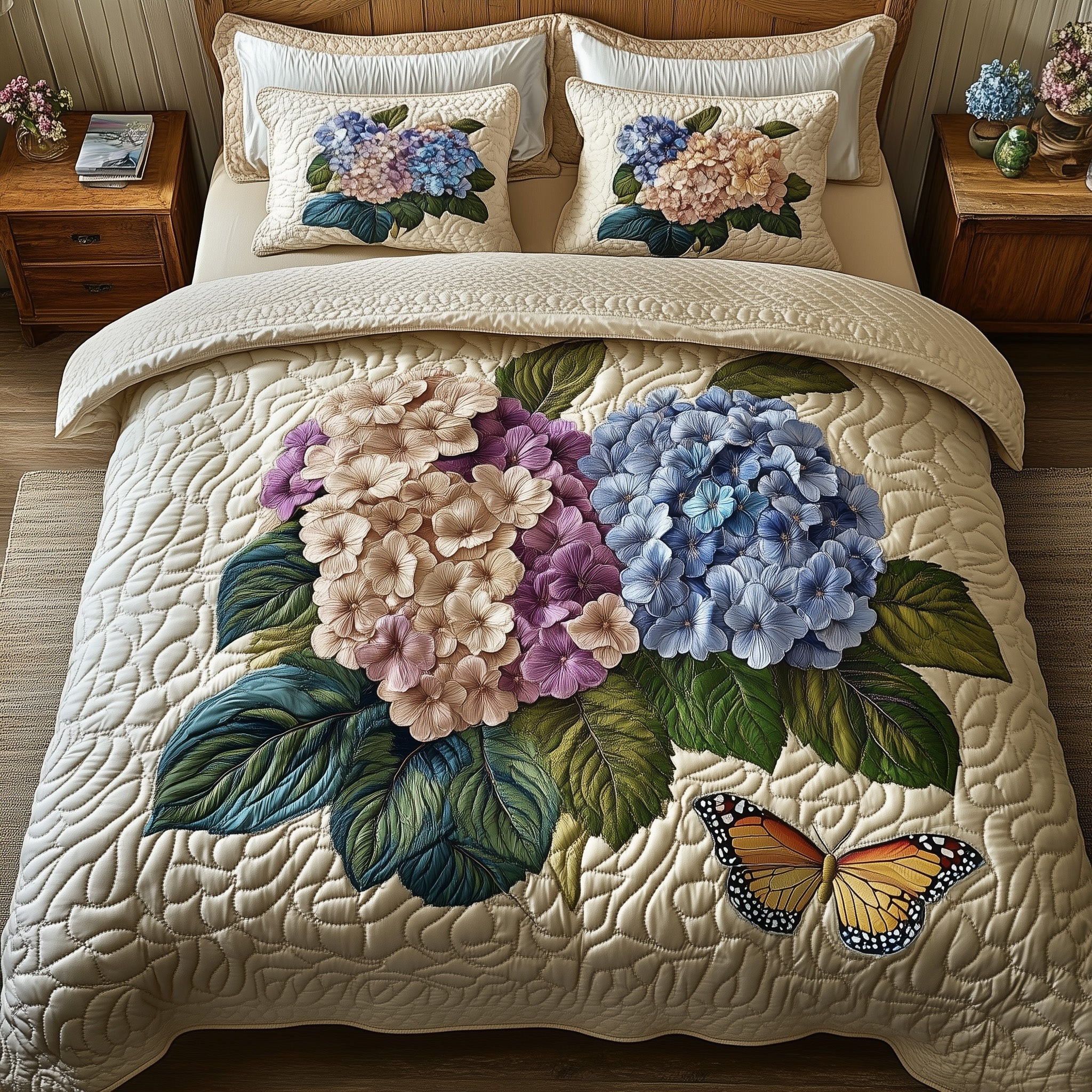 Hydrangea Bloom Elegance Quilted Bedding Set Butterfly Lover Bedspread Gift For Homebodies - Tradiviet