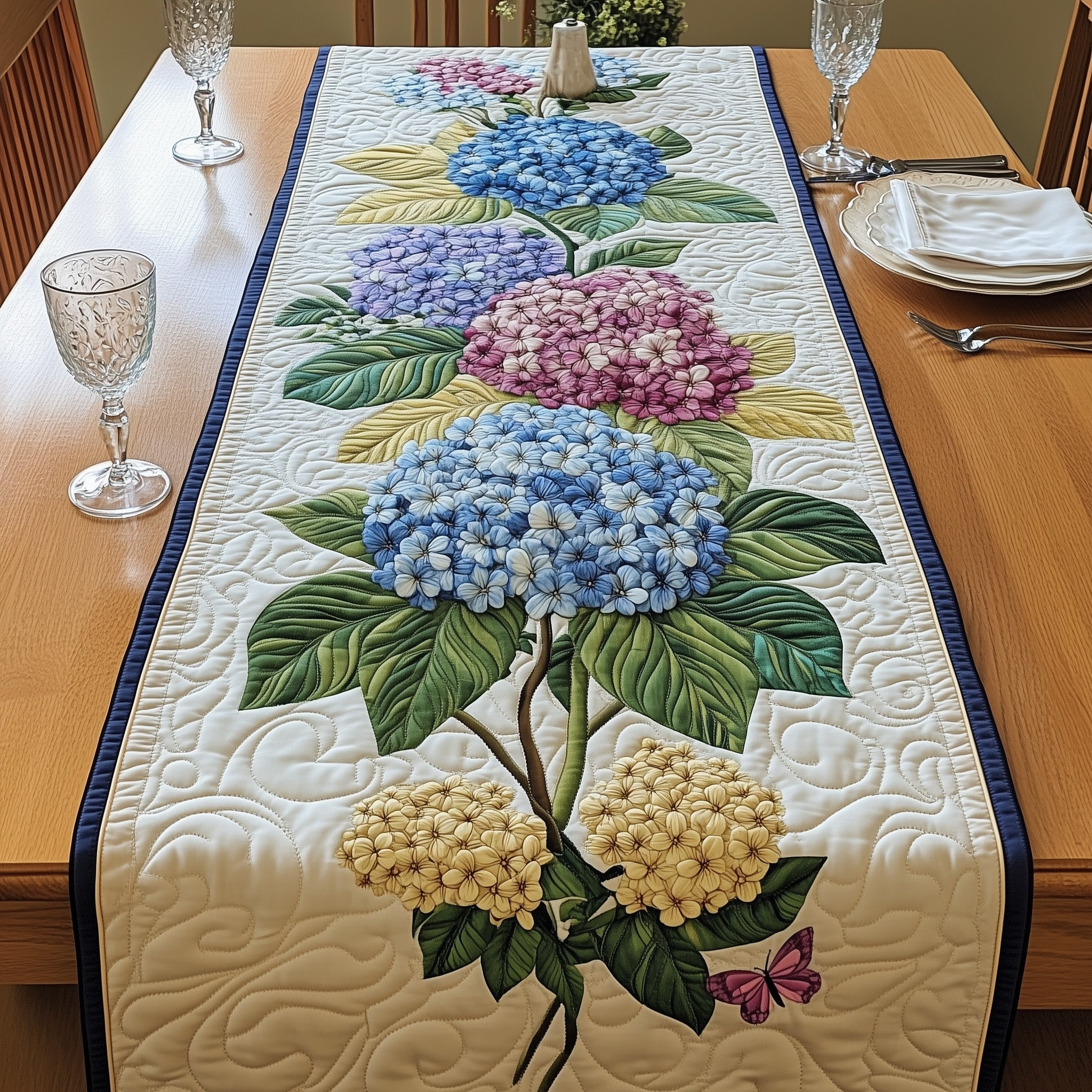 Hydrangea Bloom Elegance Quilted Table Runner Elegance Hydrangeas Table Topper Gift For Busy Moms - Tradiviet