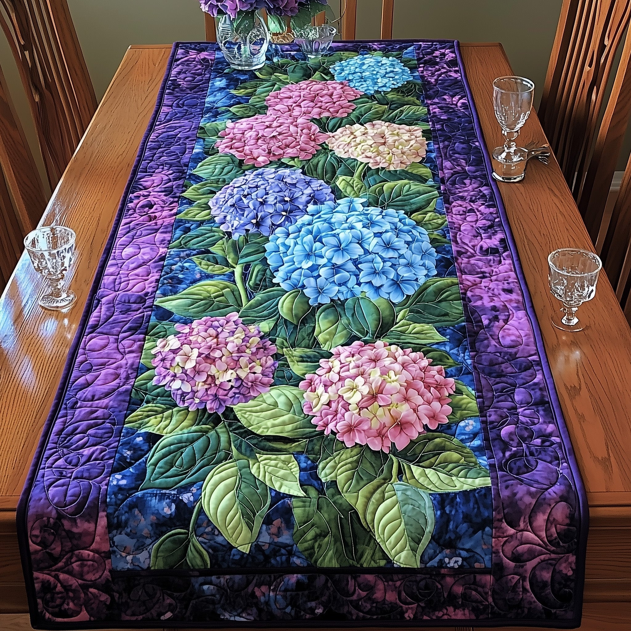 Hydrangea Bloom Elegance Quilted Table Runner Flower Lover Table Topper Gift For Busy Moms - Tradiviet