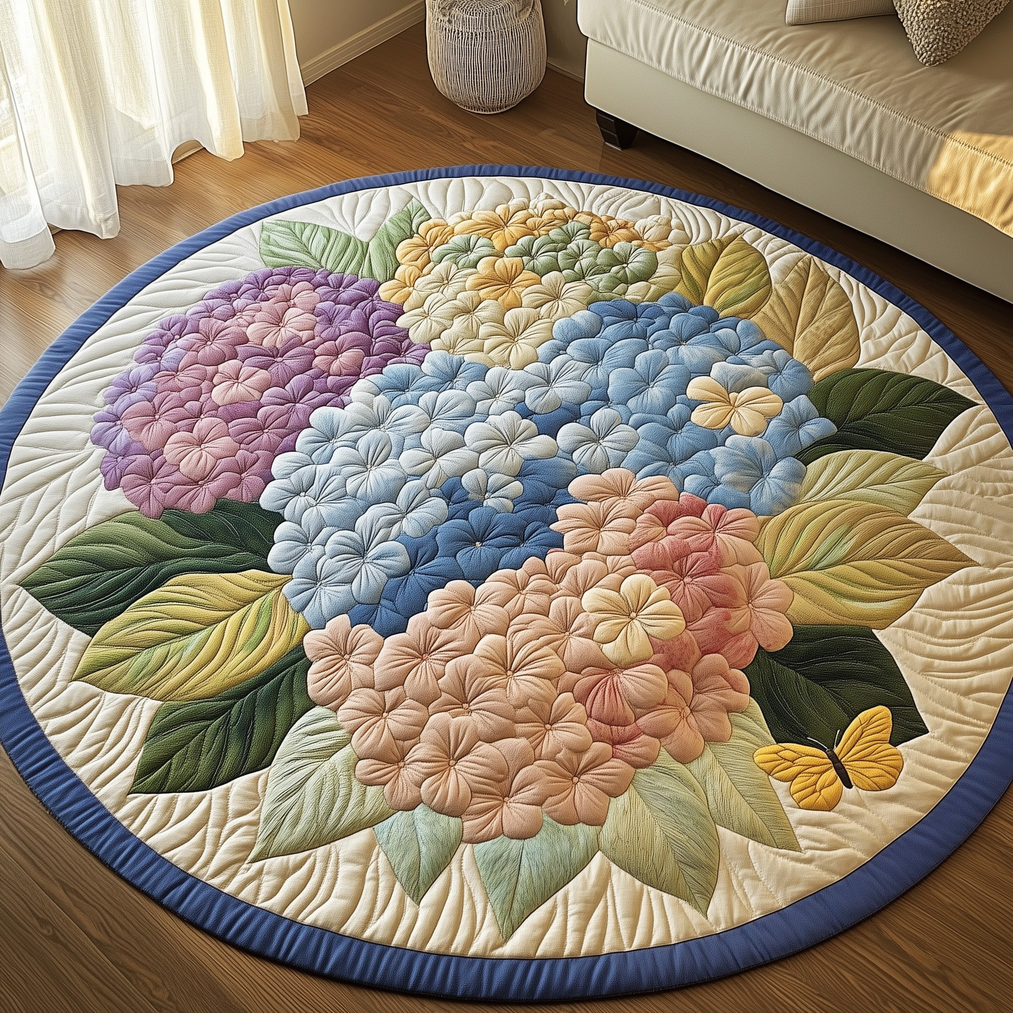 Hydrangea Blossom Quilted Round Mat Floral Hydrangea Circle Rug Gift For Sister - Tradiviet