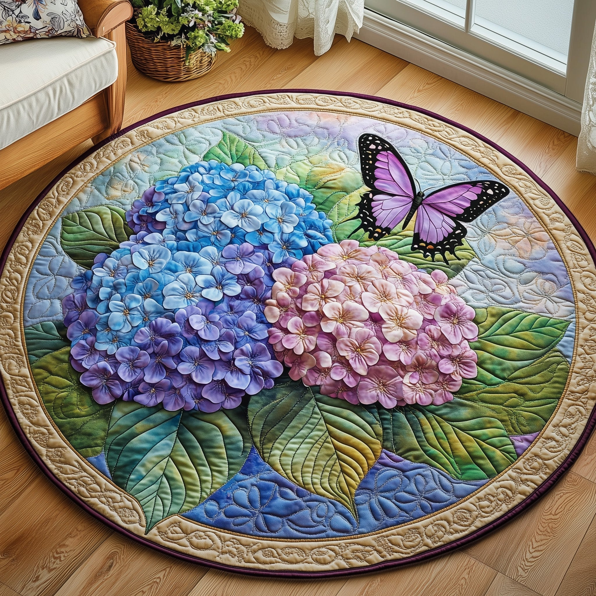 Hydrangea Butterfly Quilted Round Mat Floral Bloom Circle Rug Gift For Mom - Tradiviet