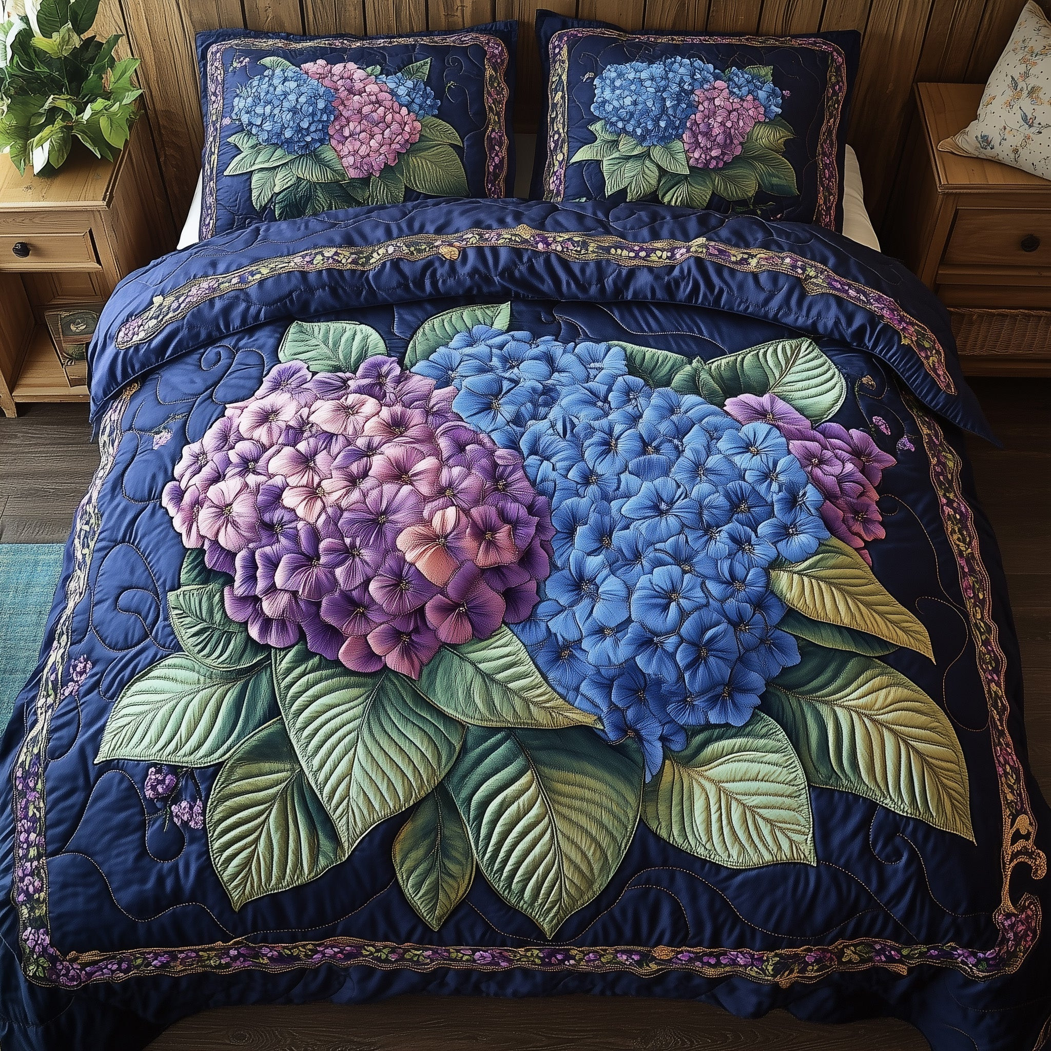 Hydrangea Floral Bliss Quilted Bedding Set Flower Lover Bedspread Gifts For Mom - Tradiviet
