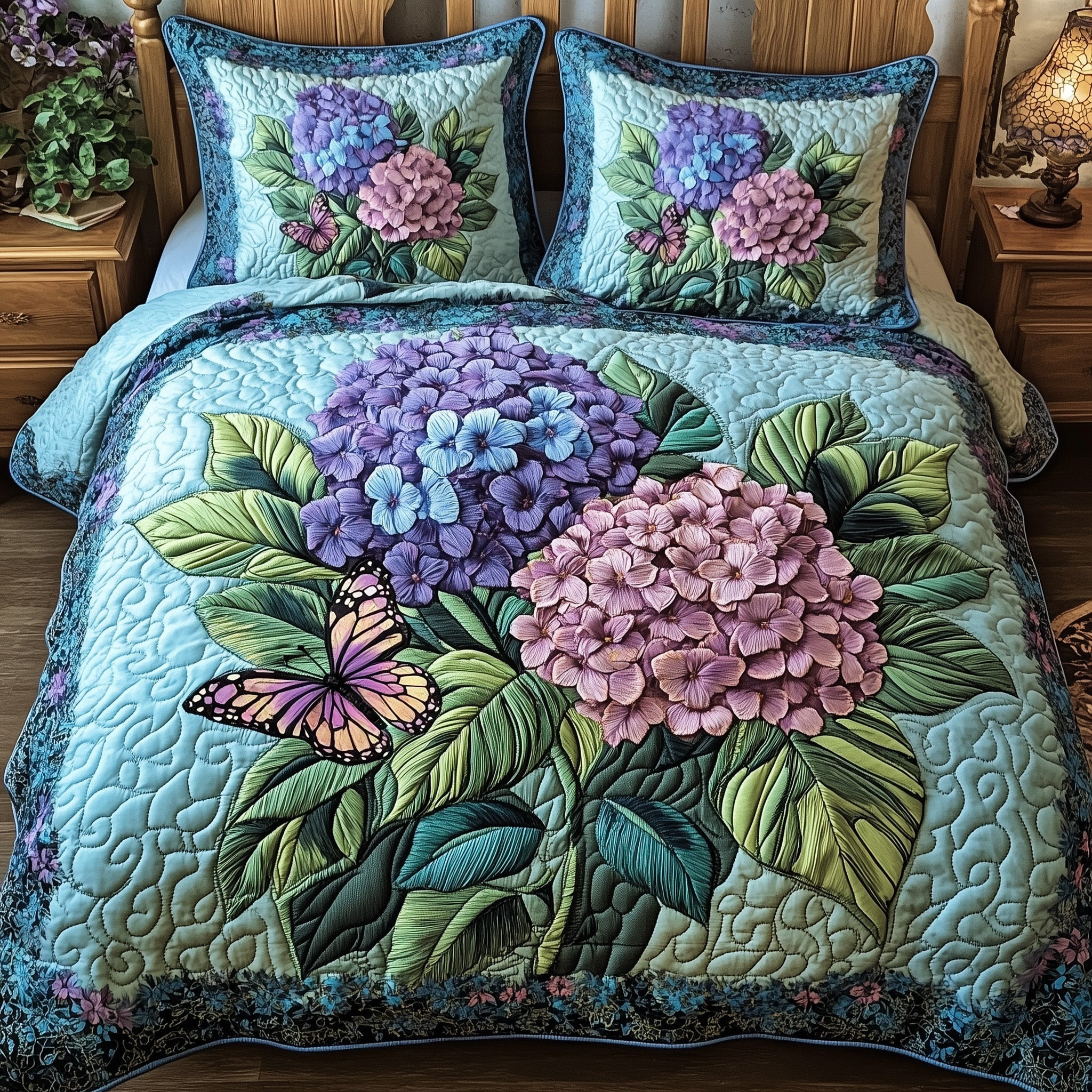 Hydrangea Floral Bliss Quilted Bedding Set Twilight Hydrangea Garden Bedspread Gifts For Mom - Tradiviet