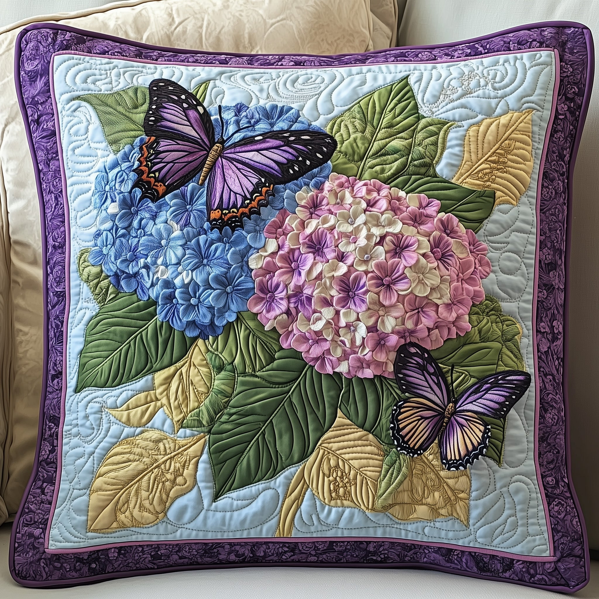 Hydrangea Floral Bliss Quilted Pillow Cover Butterfly Lover Pillow Gifts For Mom - Tradiviet