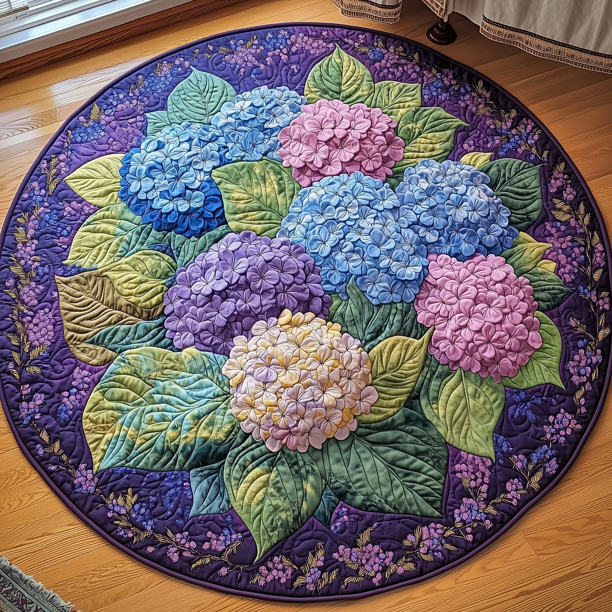 Hydrangea Floral Bliss Quilted Round Mat Hydrangea Floral Circle Rug Gifts For Girlfriend - Tradiviet