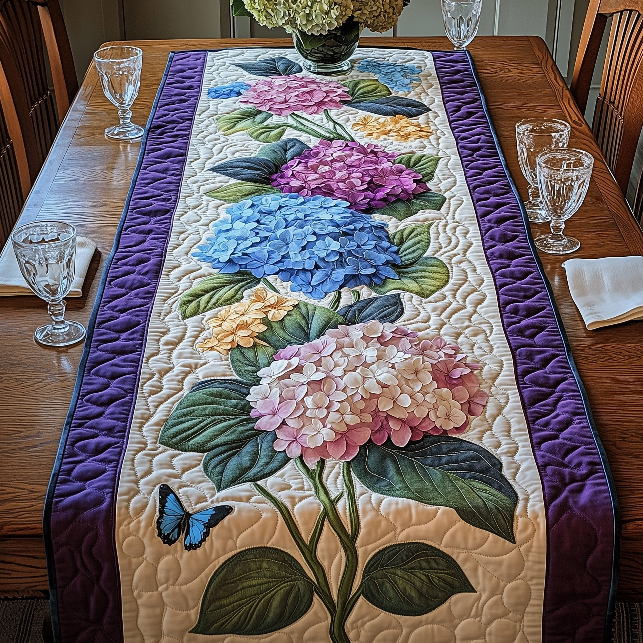 Hydrangea Floral Bliss Quilted Table Runner Flower Lover Table Topper Gifts Ideas - Tradiviet