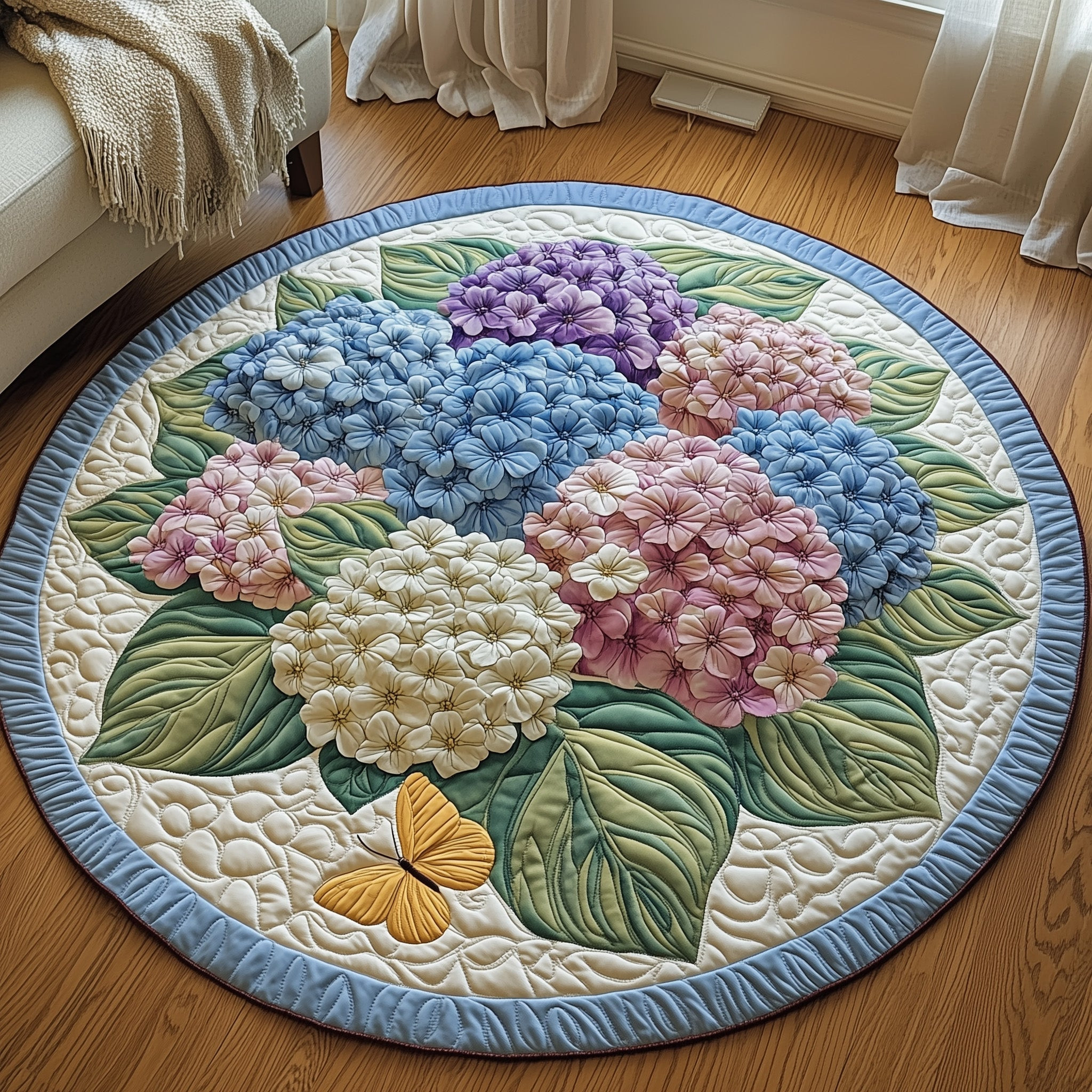 Hydrangea Quilted Round Mat Garden Botanical Circle Rug Gift For Mummy - Tradiviet