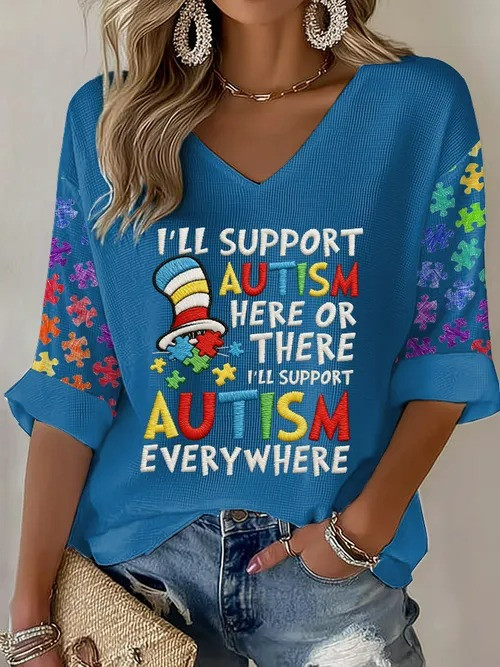 I'll Support Autism Here Or There V-Neck Long Sleeve Shirt Autism Everywhere Gift For Autism - Tradiviet
