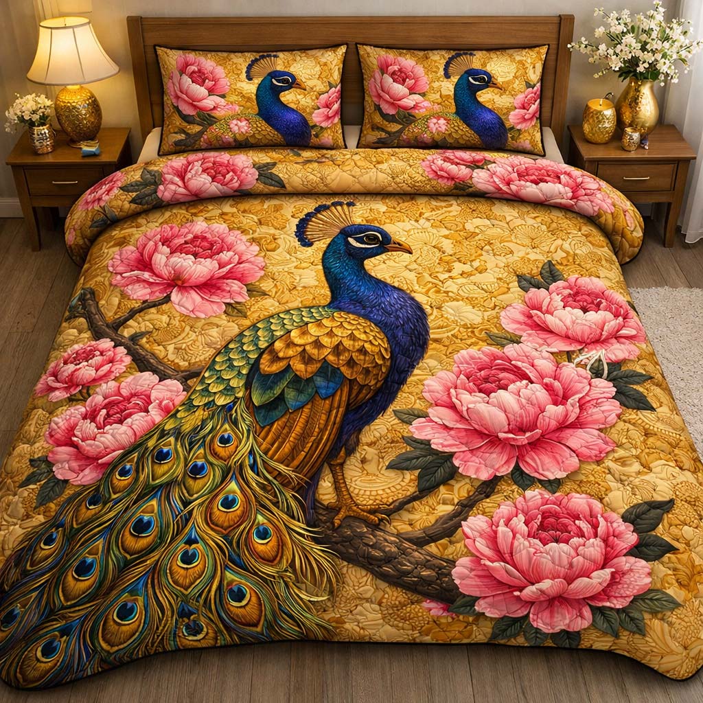 Imperial Garden Peacock Quilted Bedding Set Holiday Home Decor Gift For Nature Lovers - Tradiviet