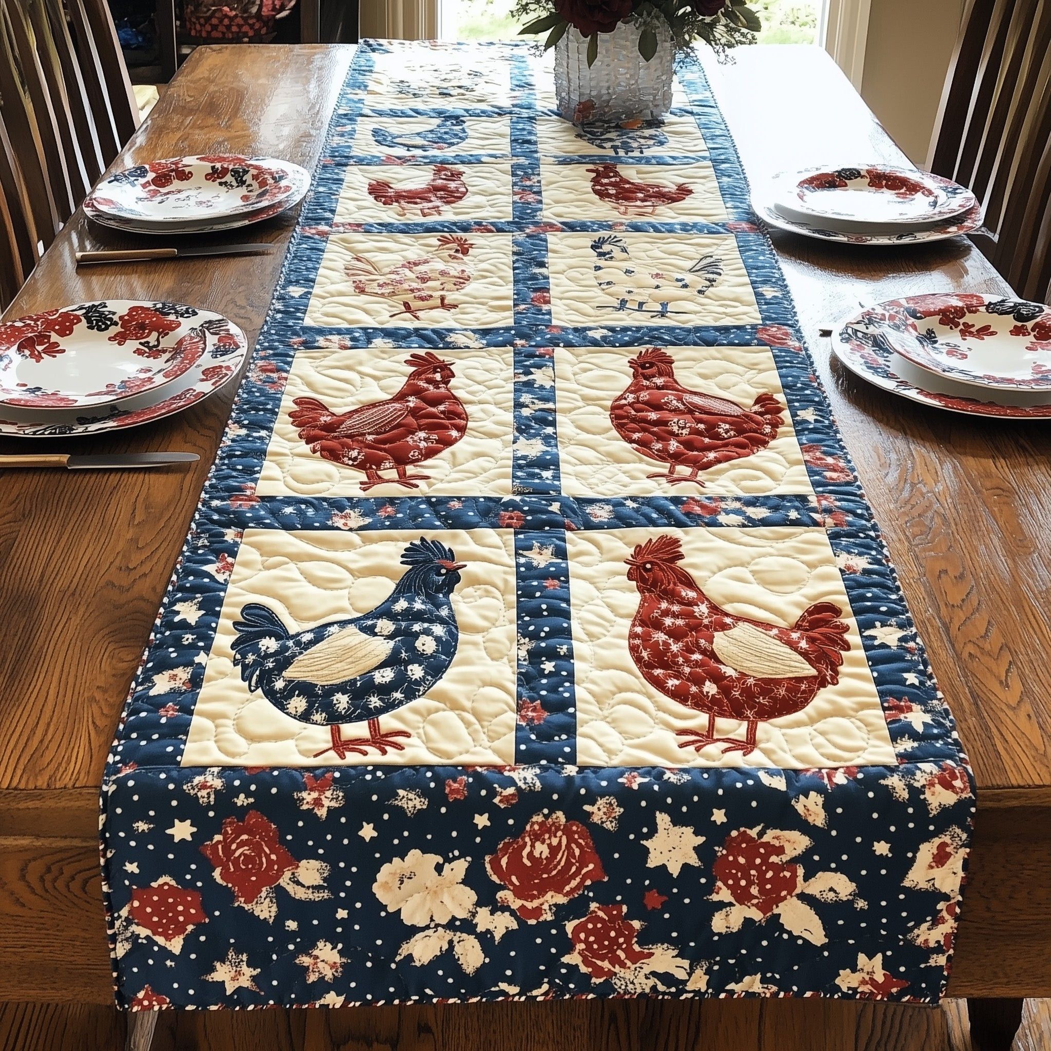 Independence Day Hens Quilted Table Runner  Fourth Of July Birthday Presents