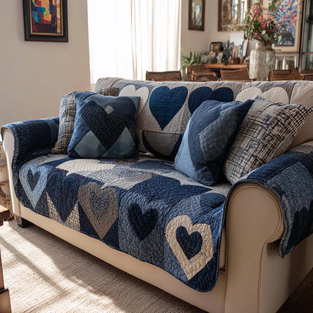 Indigo Heart Patchwork Quilted Sofa Cover Indigo Heart Pattern Patchwork Decor