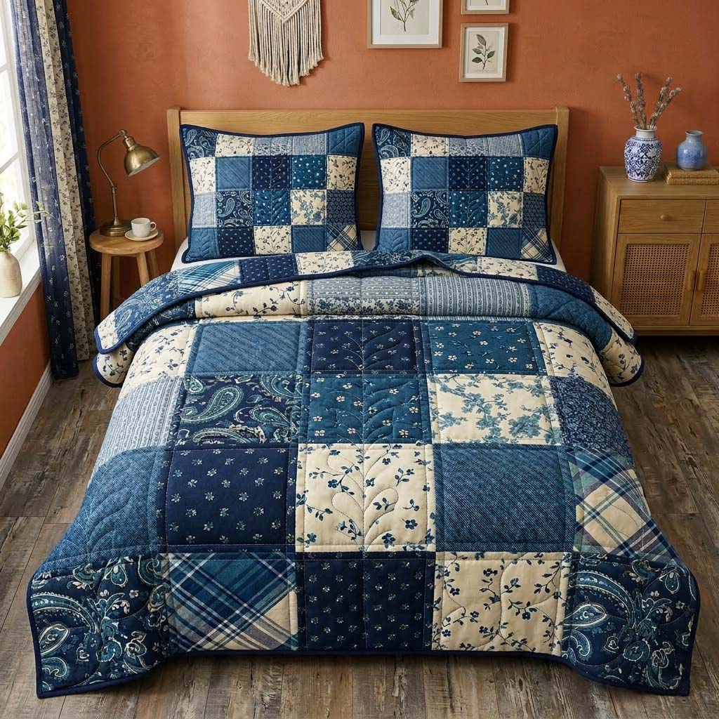 Indigo Patchwork Quilted Bedding Set Bedroom Holiday Decorations Gift For Son - Tradiviet