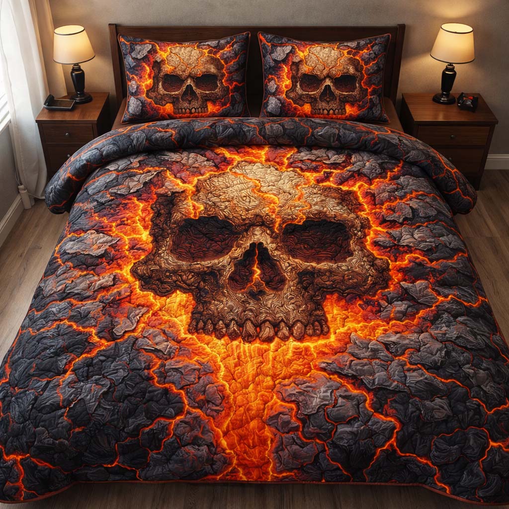 Inferno Lava Skull Quilted Bedding Set Autumn Inspired Bedroom Gifts For People Who Like Skulls - Tradiviet