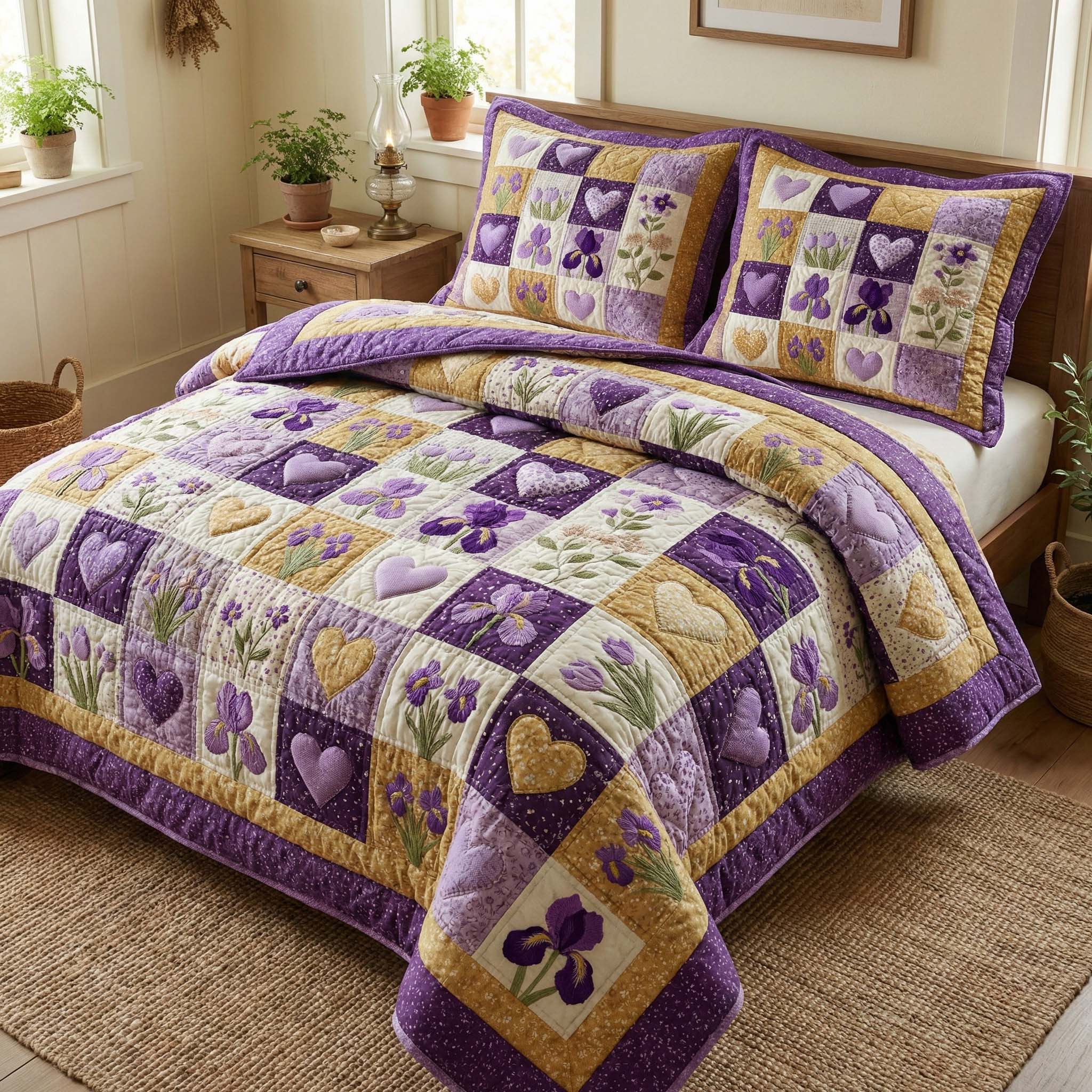 Iris Hearts Quilted Bedding Set Room Decoration Items Gift For Floral Decor Fans - Tradiviet