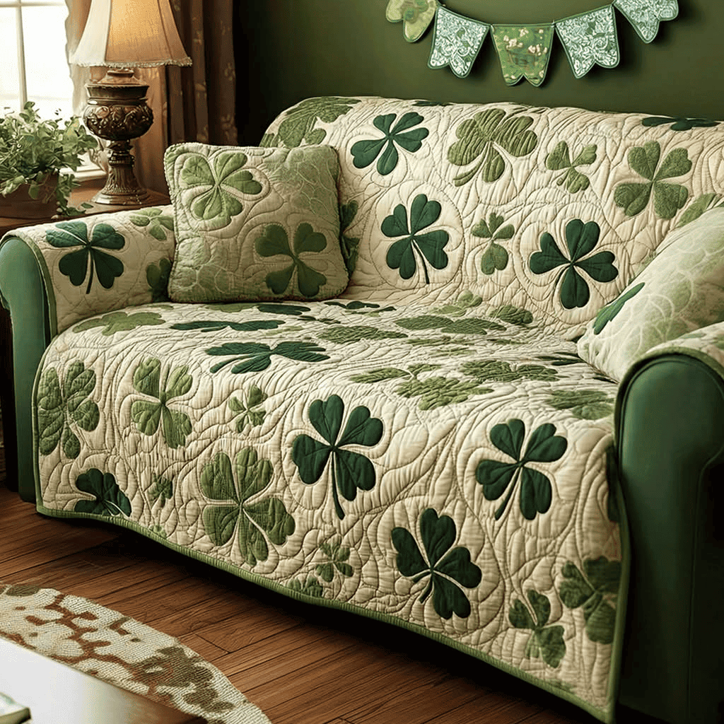 Irish Clover Quilted Sofa Cover St Patrick's Day Large Sofa Cover Decor