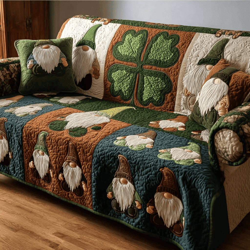 Irish Gnome Quilted Sofa Cover Celtic Shamrock Couch Covers