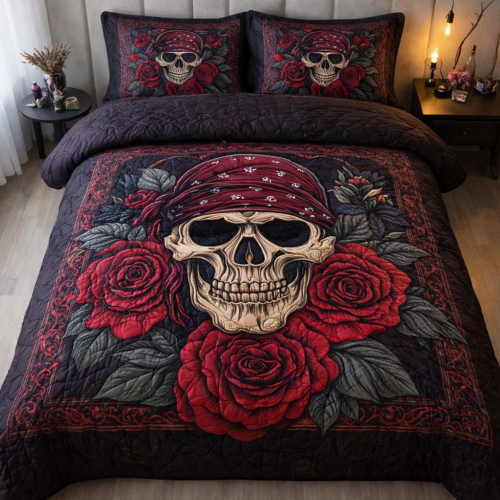 Iron Rose Skull Quilted Bedding Set Holiday Bedroom Decor Skull Gifts For Men Women - Tradiviet