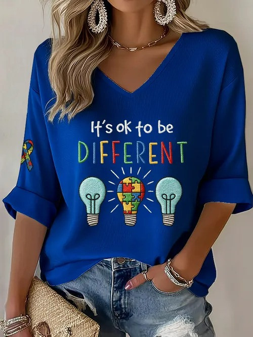 It's Okay To Be Different V-Neck Long Sleeve Shirt Puzzle Lightbulb Autism Awareness Gift For Her - Tradiviet