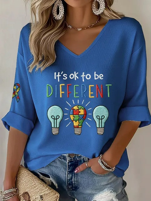 It's Okay To Be Different V-Neck Long Sleeve Shirt Puzzle Lightbulb Autism Awareness Gift For Her - Tradiviet - Image 5