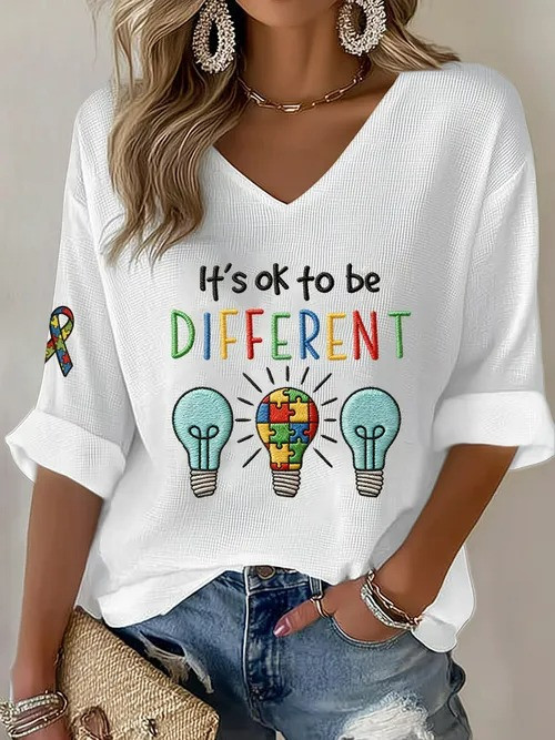 It's Okay To Be Different V-Neck Long Sleeve Shirt Puzzle Lightbulb Autism Awareness Gift For Her - Tradiviet - Image 3