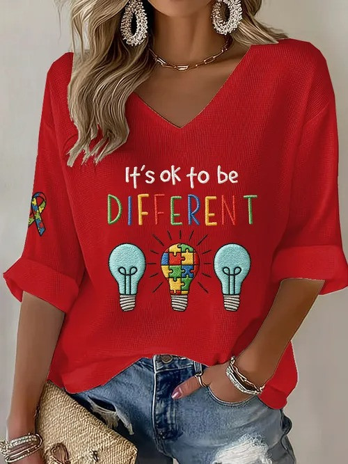 It's Okay To Be Different V-Neck Long Sleeve Shirt Puzzle Lightbulb Autism Awareness Gift For Her - Tradiviet - Image 4